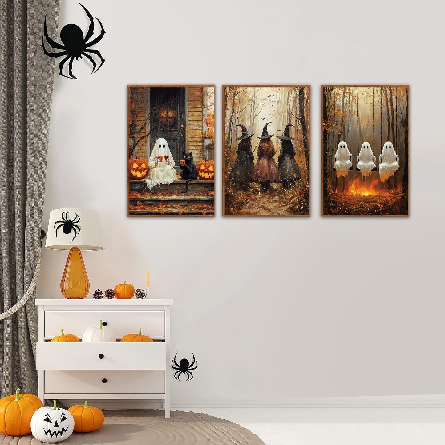 HLNIUC Framed Halloween Canvas Wall Art,Dark Witch Crow Raven Prints,Black Cat Decor,Horror Gothic Ghost Pictures Set of 3 (16"X24") Scary Pumpkin Wall Decor for Party Living Room Bedroom Decoration