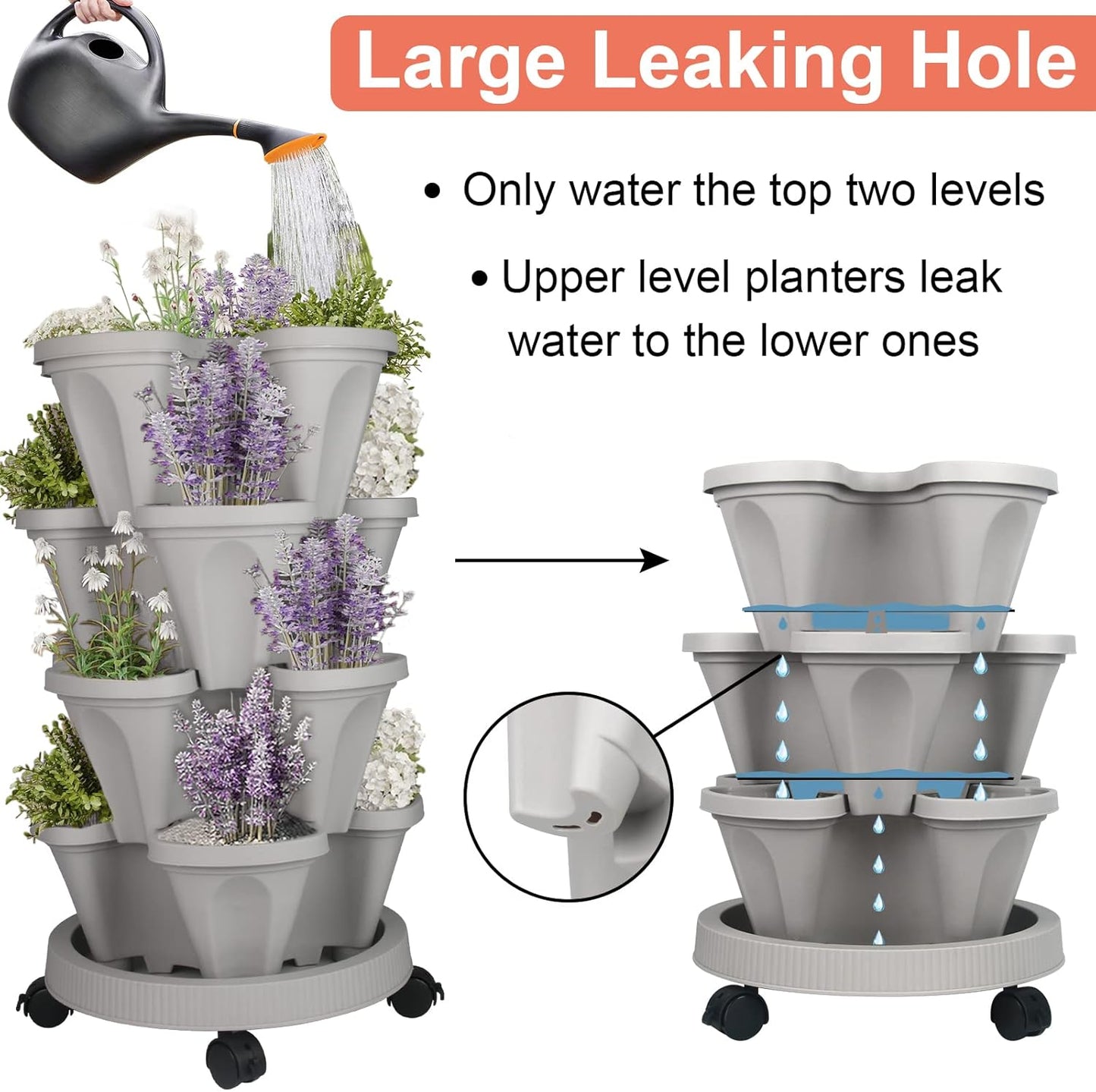 DUNCHATY Stackable Planter, Vertical Garden Planter with Wheels and Tools, Self Watering Strawberry Planter Indoor/Outdoor 4 Tier Herb Planter Pots for Growing Vegetables and Succulents,Gray