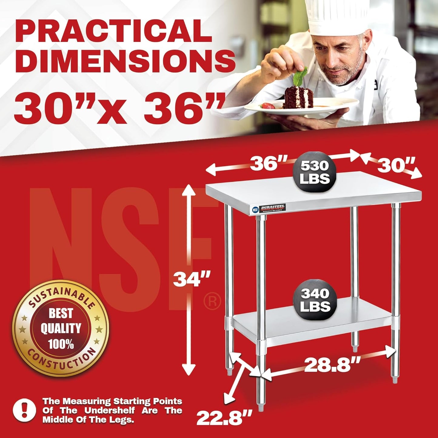 DuraSteel 30x36 Stainless Steel Work Table - NSF Commercial Prep Metal Table - Outdoor Pizza Oven Stand w/Under Shelf - Kitchen Island Laundry Utility Garage Microwave Stand Large Rolling Storage Cart