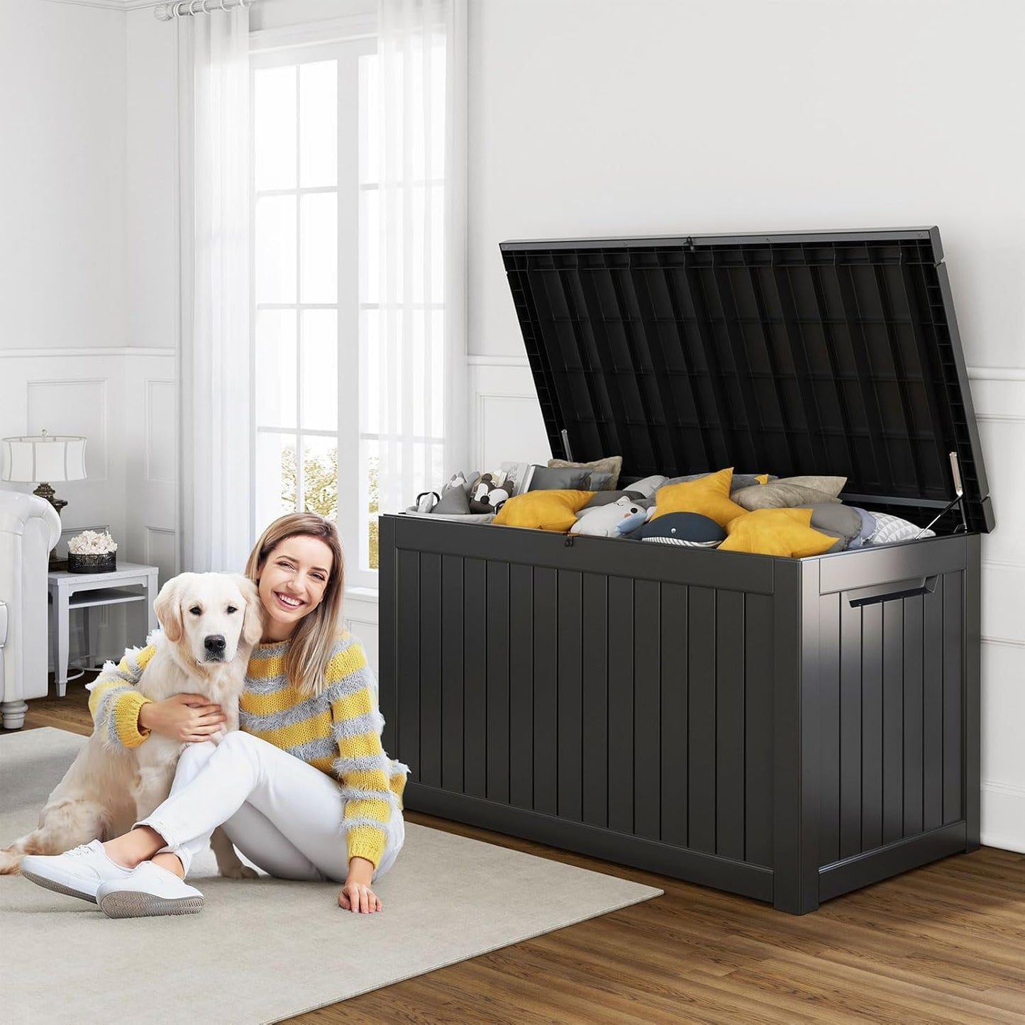 230 Gallon Resin Deck Box, Lockable Patio Outdoor Storage Box for Furniture, Garden Tools and Tools Storage, Waterproof Outside Storage Boxes - Black