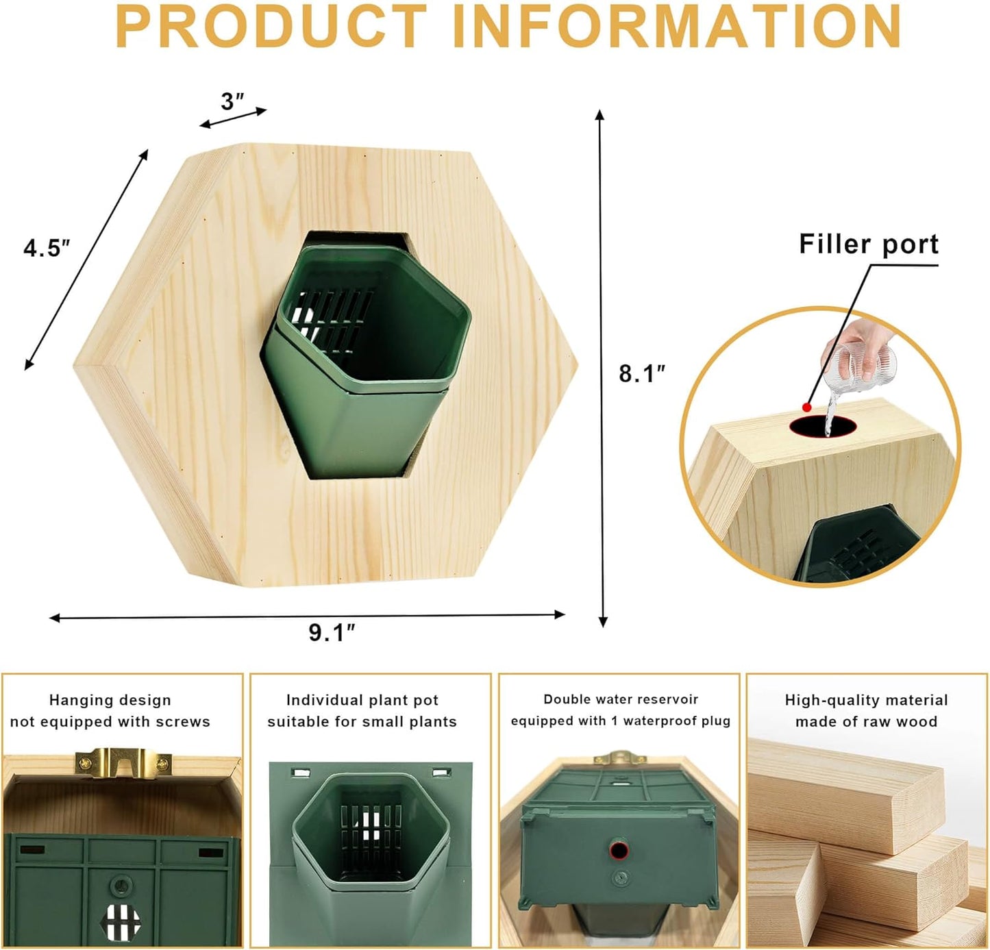 Hexagonal Wooden Wall Planter, Self Watering Living Vertical Planters Indoor, Wooden Frame Planter Wall Decoration Home Office 2pc