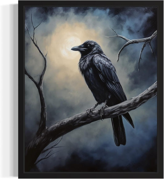 Crow under the Moonlight Poster Art Print, Halloween Scary Vintage Wall Art Academia Spooky Painting Decoration for Horror Prints, Gothic Posters Bedroom Decor 89 (Crow under the Moonlight, 8 x 10 inches, Black Frame)