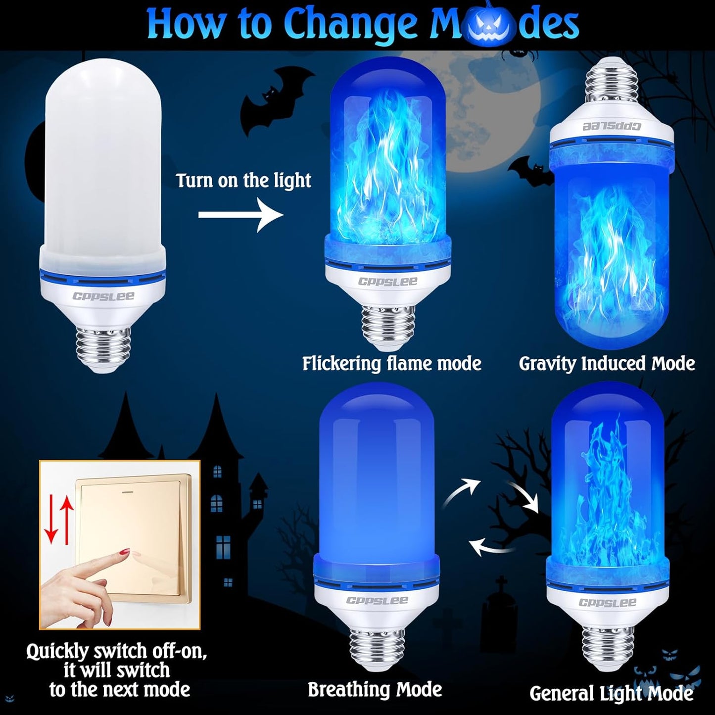 CPPSLEE Upgraded LED Flame Light Bulbs, 4 Modes Flickering Light Bulbs, E26 Base Fire Flame Bulb for Halloween Decorations Outdoor, Christmas Lights Patio Indoor Home Decor (Blue, 2 Pack)