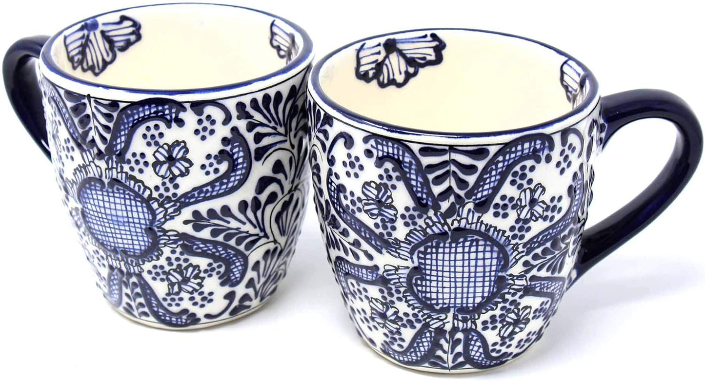 Encantada Handmade Hand-Painted Authentic Mexican Pottery Mugs (Cobalt Blue Flower X2)