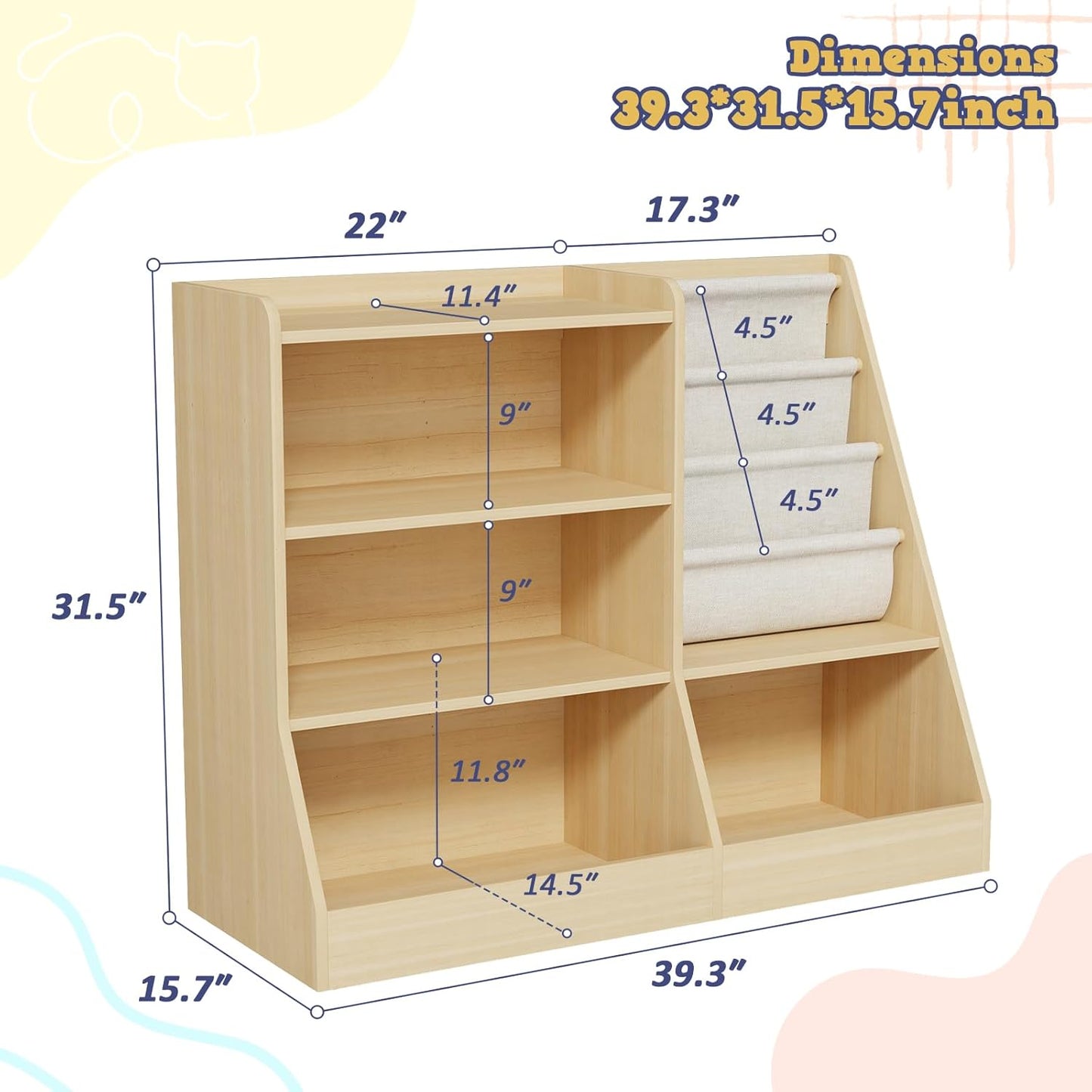 39" Large Kids Wooden Bookshelf and Toy Storage Organizer, Baby Bookcase with Sling Book Rack, Children Toddler Wooden Book Shelf for kids rooms, Playroom, Classroom, Nursery, School (Natural)