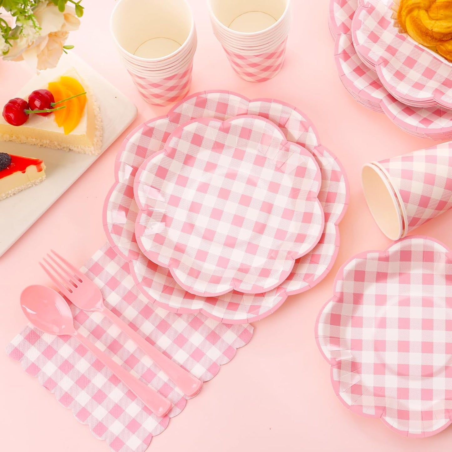 350 Pcs Pink Gingham Plates and Napkins Party Supplies - Pink and White Checkered Plates Sets Serve 50 Guests - Scalloped Gingham Paper Plate for Birthday Wedding Picnic Party Decorations