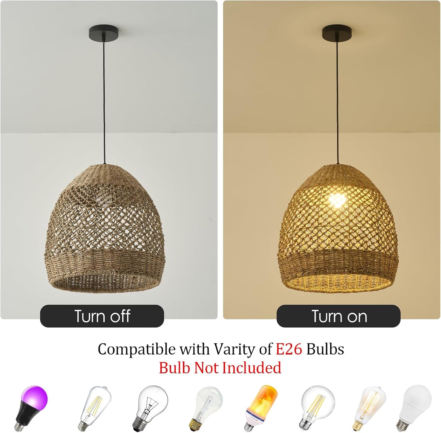 13.77" Rattan Pendant Light Rustic Hand-Woven Wicker Hanging Light 1-Light Water Plants Rattan Chandelier for Dining Living Bedroom Kitchen Farmhouse