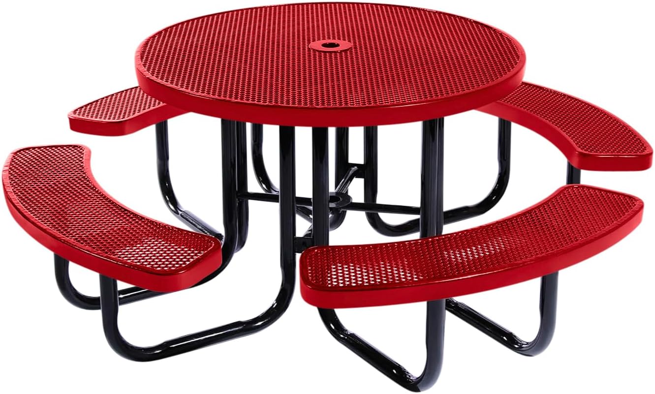 Heavy-Duty Portable Outdoor Picnic Table with Umbrella Hole, Punched Steel Commercial-Grade Patio Dining Furniture Made in America (46" Round Top, Textured Red)