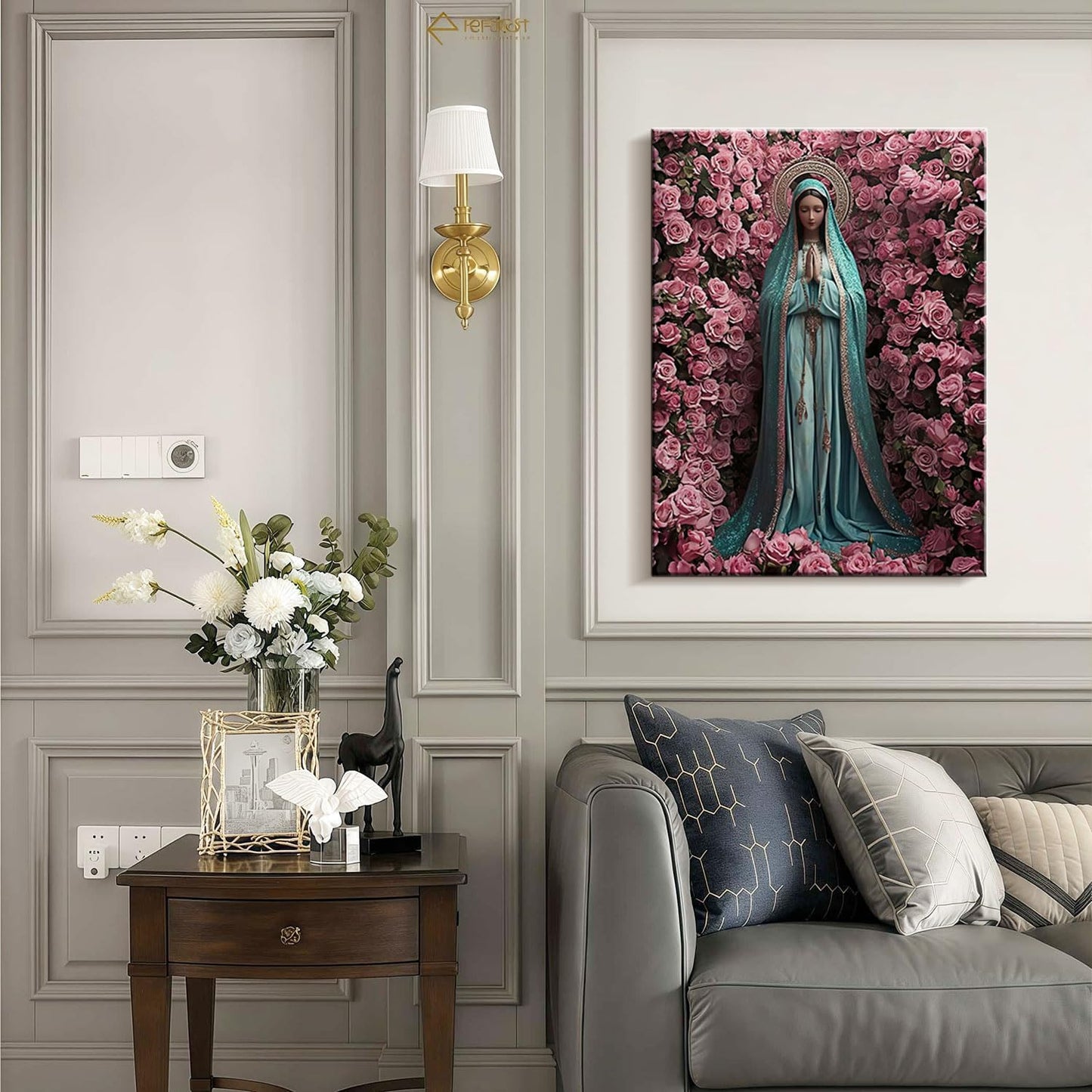 Framed Virgin Mary Catholic Wall Art Decor Canvas Print Wall Painting Religious Poster Artwork for Living Room Bedroom Hallway Gallery Decor 12x16 Inch Ready to Hang