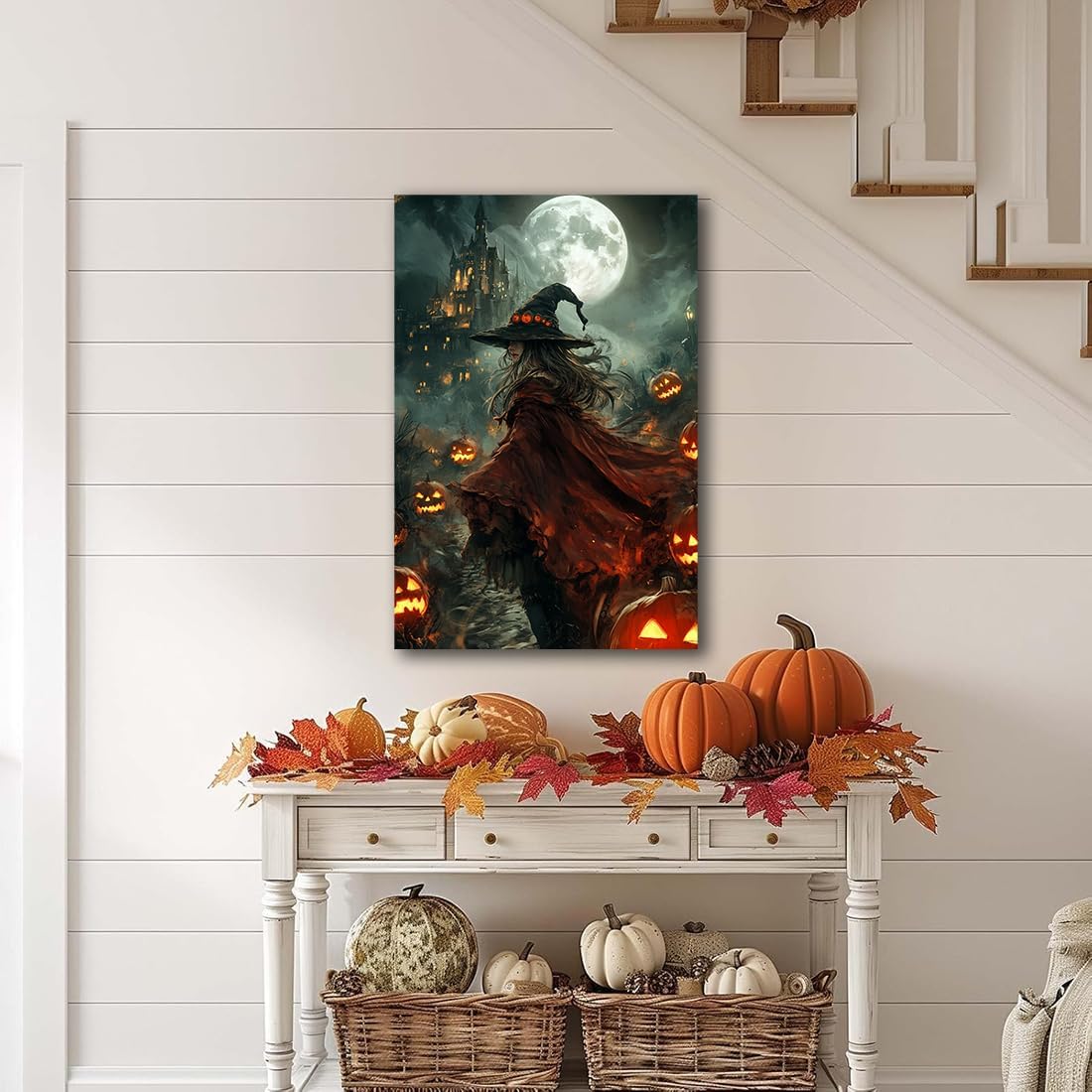 Dark and Moody Gothic Witch Poster Wall Art,Vintage Rustic Witch in Cloak with Castle Pumpkin Road Dark Gothic Poster,Goth Spooky Season Halloween Prints for Fantasy Office,12"x18" Framed