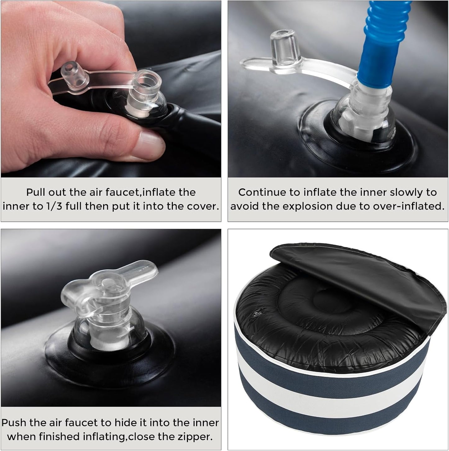 FUNHOME Inflatable Outdoor Ottoman with Air Pump,20"x9" Portable Patio Pouf,Water Resistant,Fade-Resistant,Round Blow Up Footrest Stools for Home Garden Camping Travel(Blue White)