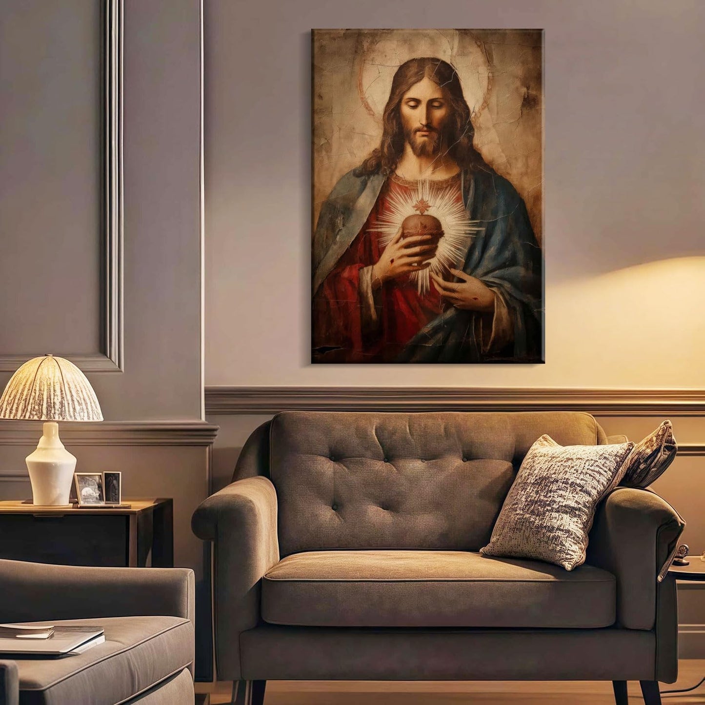 Framed Jesus Sacred Heart Canvas Painting Wall Art Christian Religious Poster Inspirational Bible Art Gallery Style Print for Bedroom Church Home Decor 24X36Inch Ready to Hang