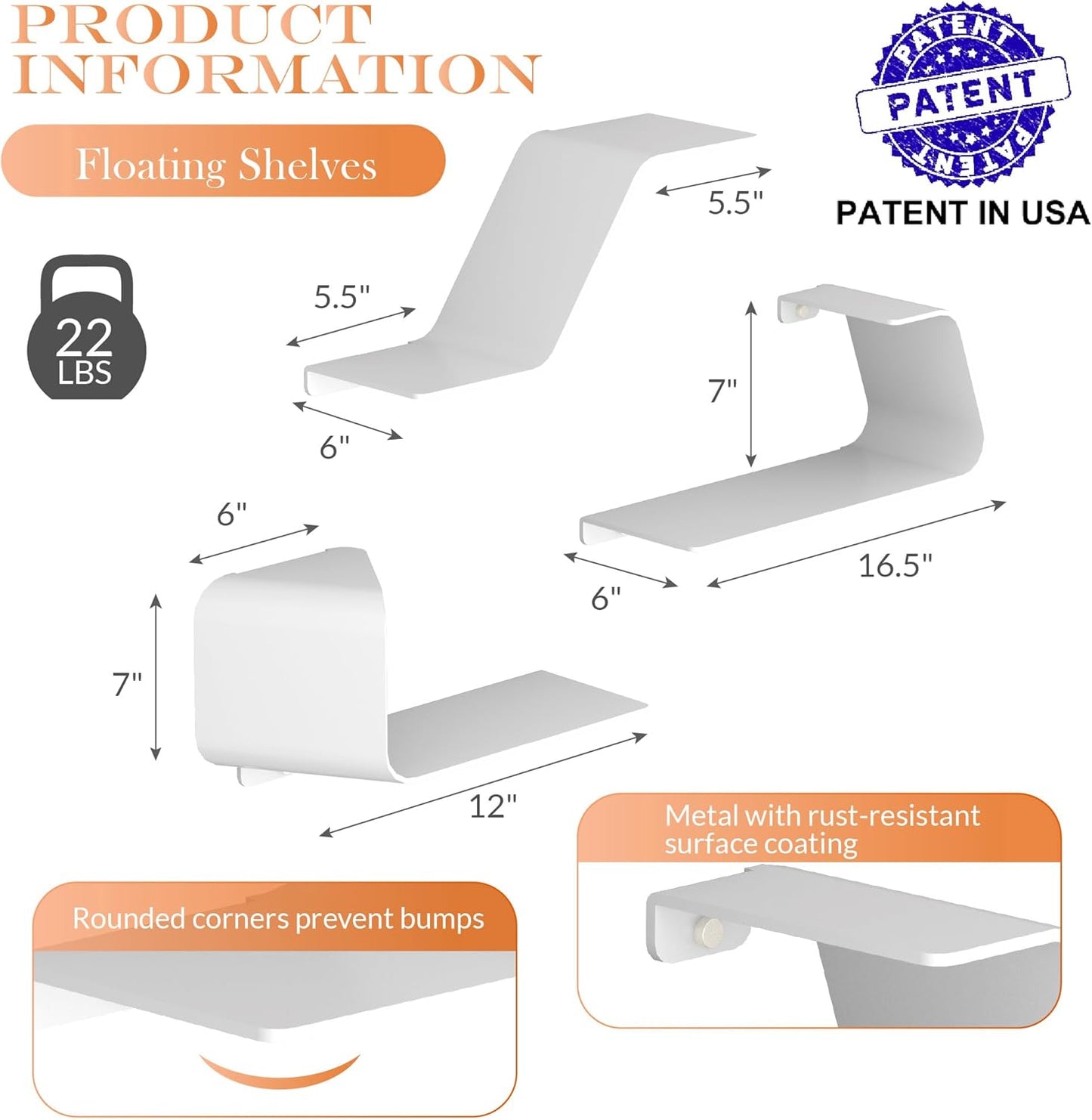 Floating Shelves, Wall Shelf, Set of 3 Wall Mounted Metal Shelves with Unique Design for Wall Storage, Book Shelf, Display Shelves for Bathroom Bedroom Kitchen Living Room for Home White