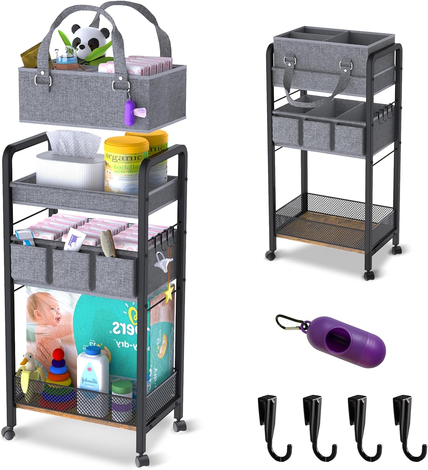 2IN1 Baby Diaper Caddy Organizer-3 Tier Rolling Storage Cart with Dividers - Bedside Diaper Caddy Cart for Baby Nursery Newborn Essentials-Mobile Utility Carts with Wheels for Changing Table