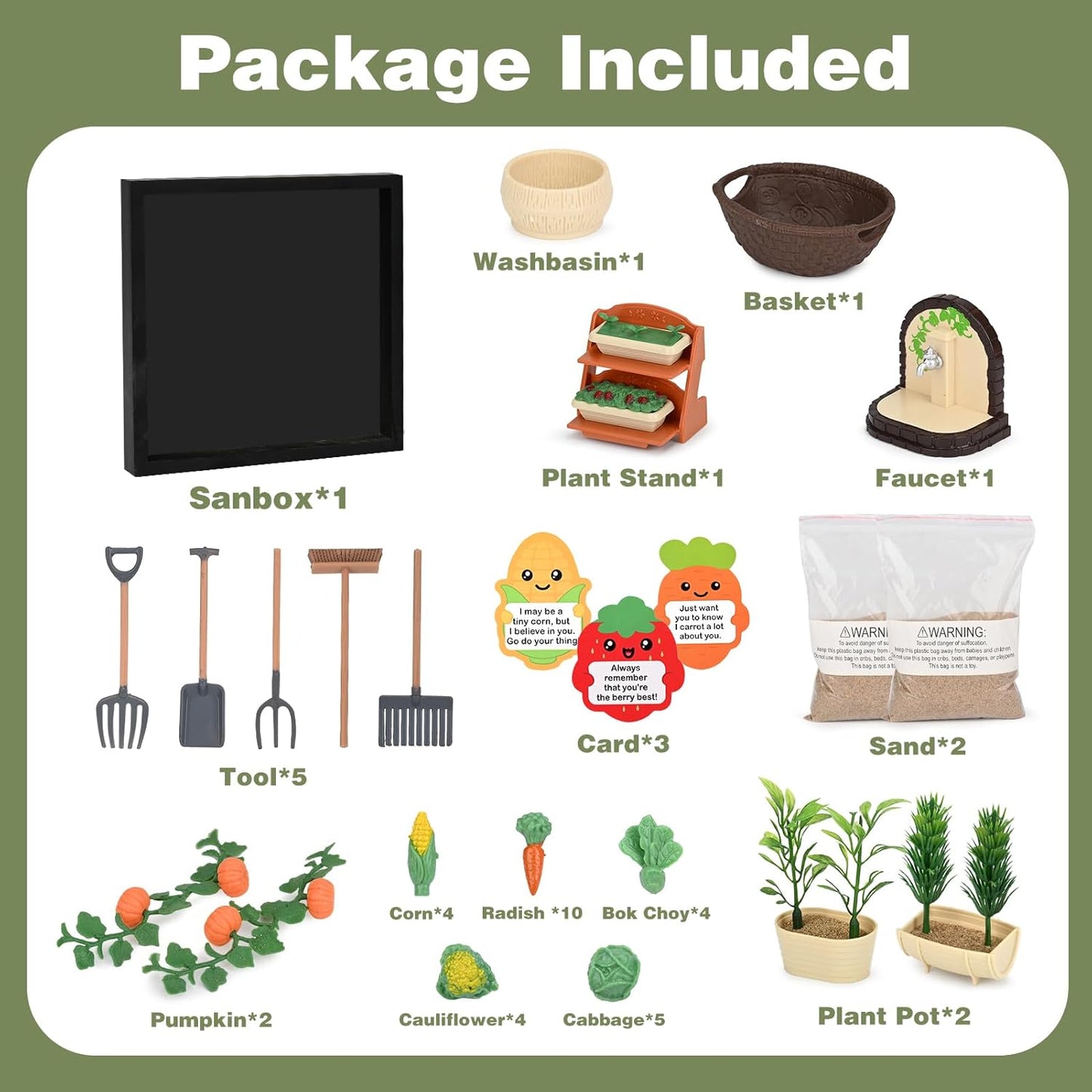 Dreamon Zen Sand Garden for Desk - Vegetable Gardening Themed Sand Tray Therapy Kit with 56 Accessories & Encouragement Cards - Meditation Room & Office Stress Relief Toy - Funny and Novelty Gift Idea