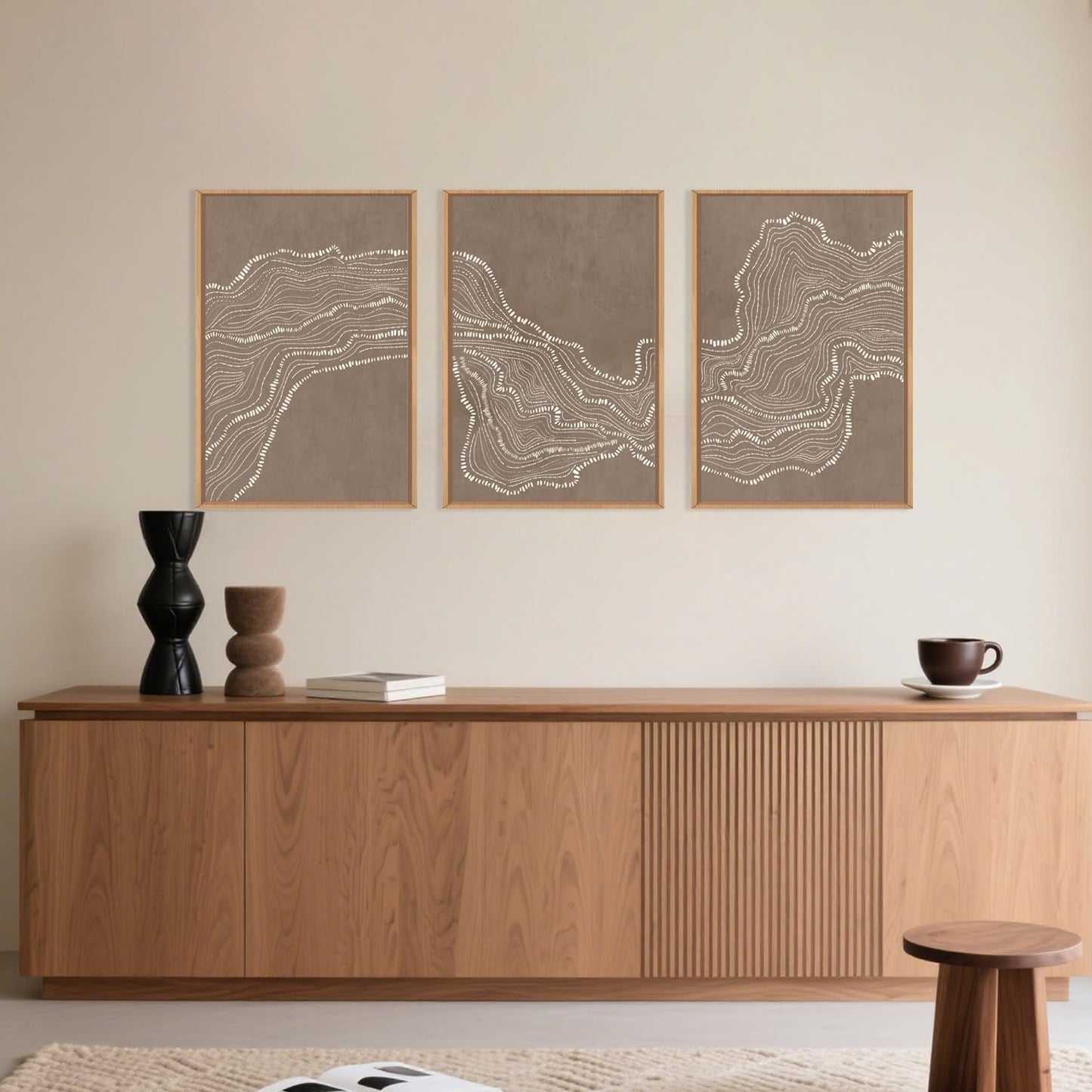 Geometric White Tan Wave Framed Canvas Wall Art Set, Abstract Line Art Painting, Modern Minimalism Wall Decor, Neutral Art Print for Living Room, Bedroom, Dining Room, Office - 16"x24"x3