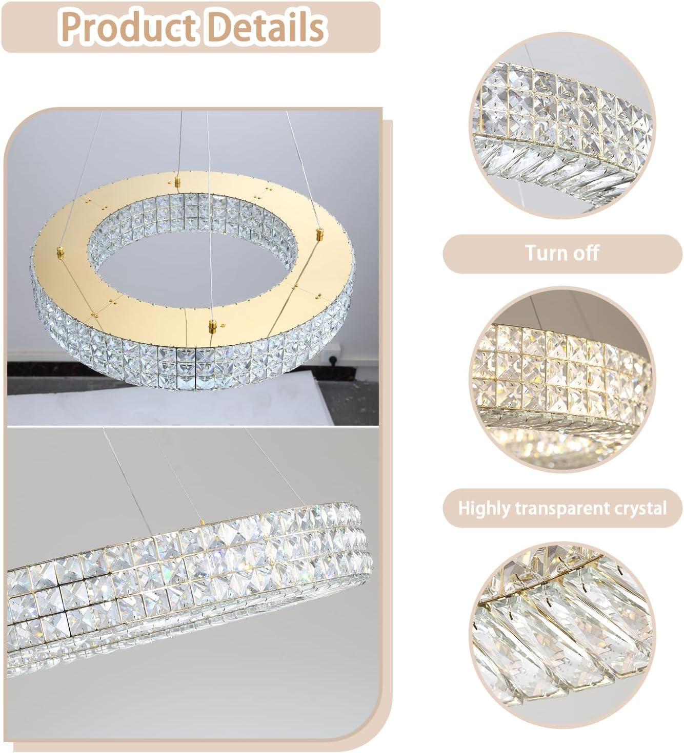 Dia 24" Modern Crystal Chandelier Gold Ring Chandelier Adjustable Height Luxury Crystal Pendant Ceiling Light Fixture for Dining Living Room Bedroom