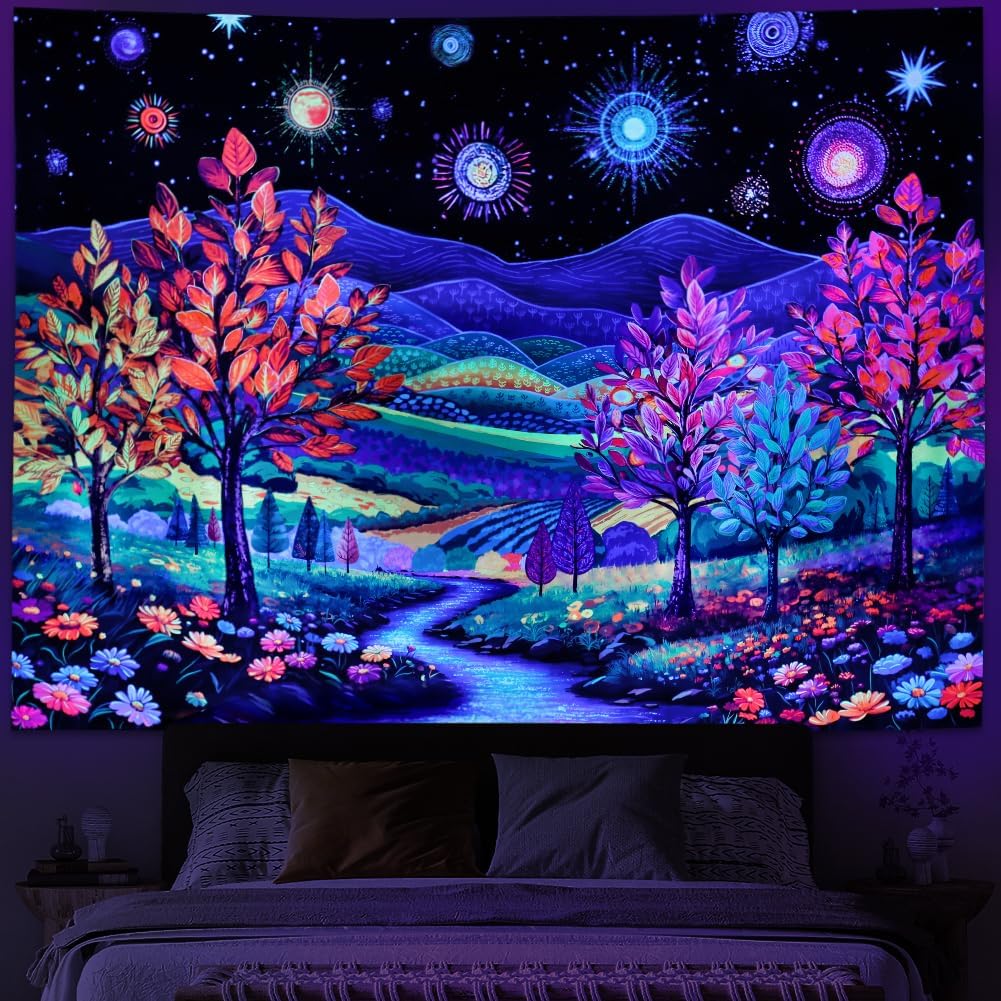 Heynvioo Blacklight Forest Tree Tapestry UV Reactive Fantasy Starry Sky Tapestries Colorful Nature Landscape Tapestry Hippie Mountain Tapestries Vintage Aesthetic Wall Hanging Decor for Home