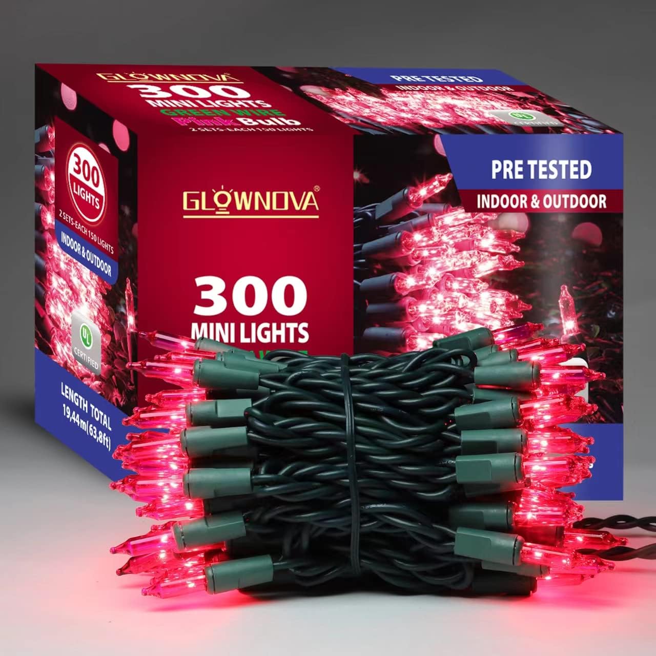 Green Wire, Pink Incandescent Bulb 300 Mini String Lights for Indoor Christmas Tree Garland Birthday Wedding Party Festival Decoration