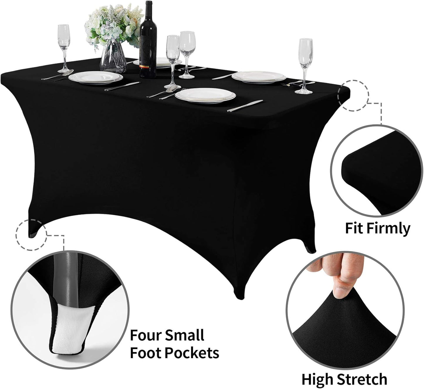 2Pack Spandex Table Cover for 4FT or 6ft or 9ft Table Universal Fitted Stretch Tablecloth for Party, Banquet, Wedding and Events-Black