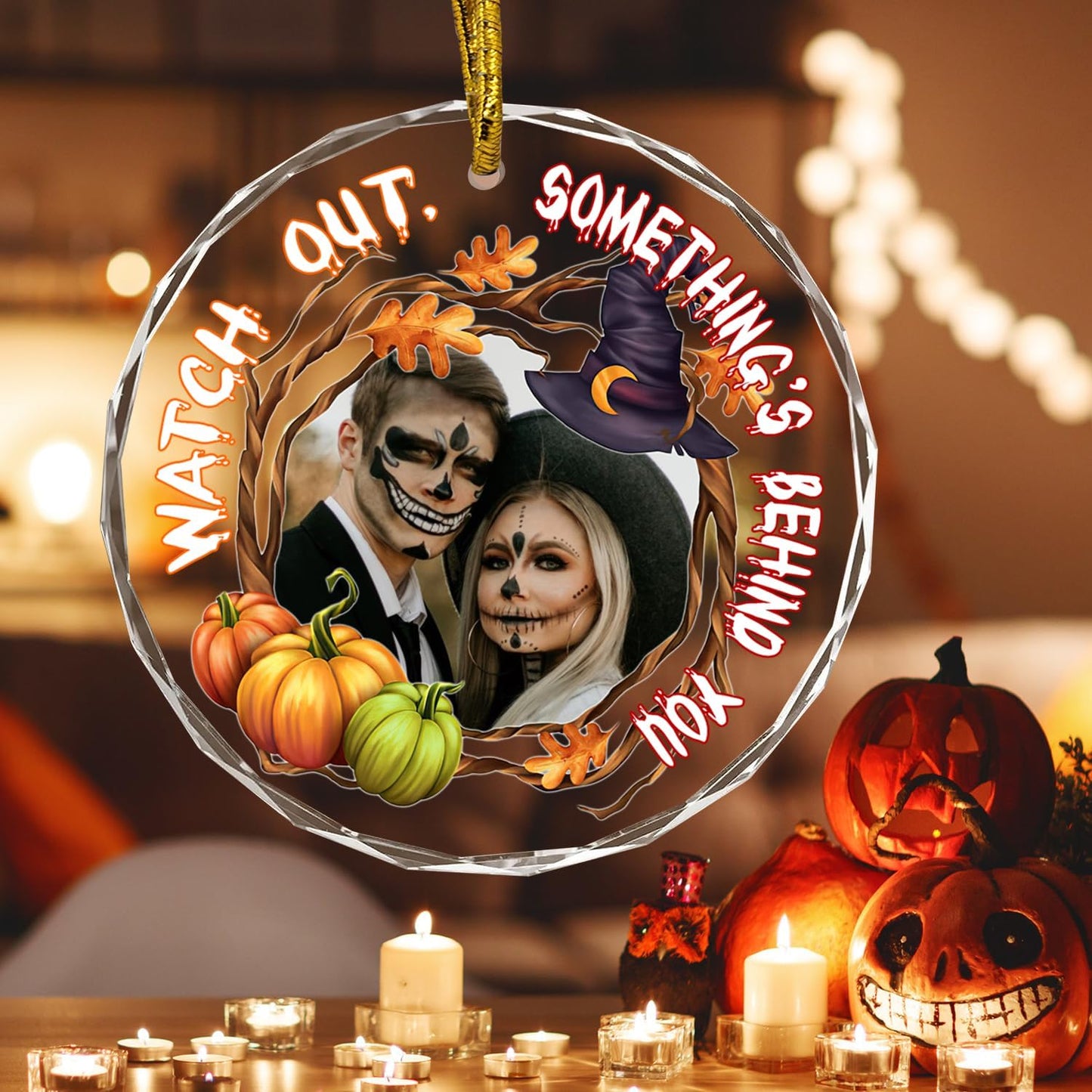 Custom Crystal Ornament, Personalized Halloween Couples/Family Photo Ornament, Halloween Spooky Glass Hanging Decor, Spooky Pendent, Ghost and Pumpkin Hanging Gifts