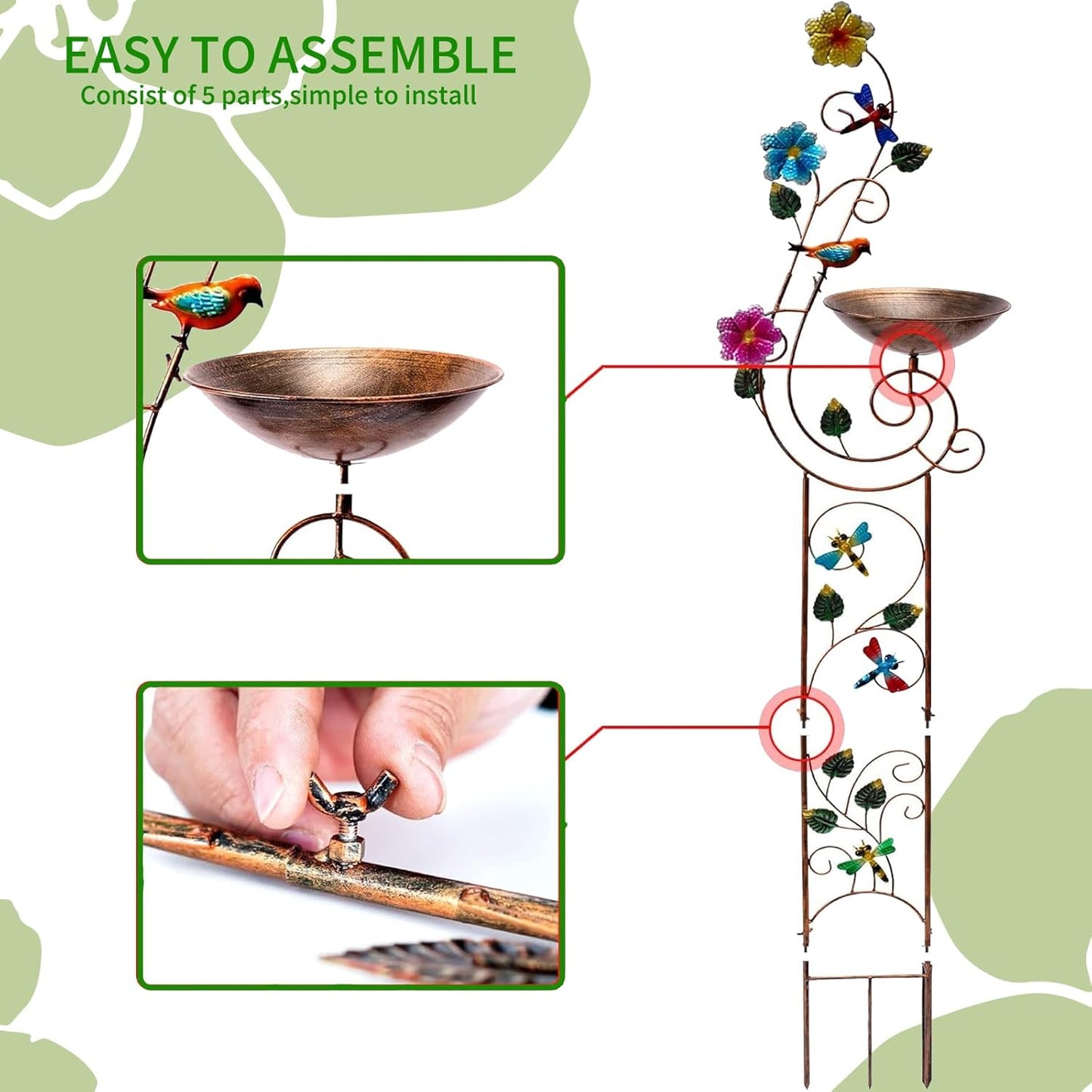 57" Height Metal Bird Bath with Trellis for Outdoor, Vintage Decorative Bird Baths, Small Garden Plant Support, Antique BirdBath for Climbing Plants with Detachable Iron Bowl (Butterfly)