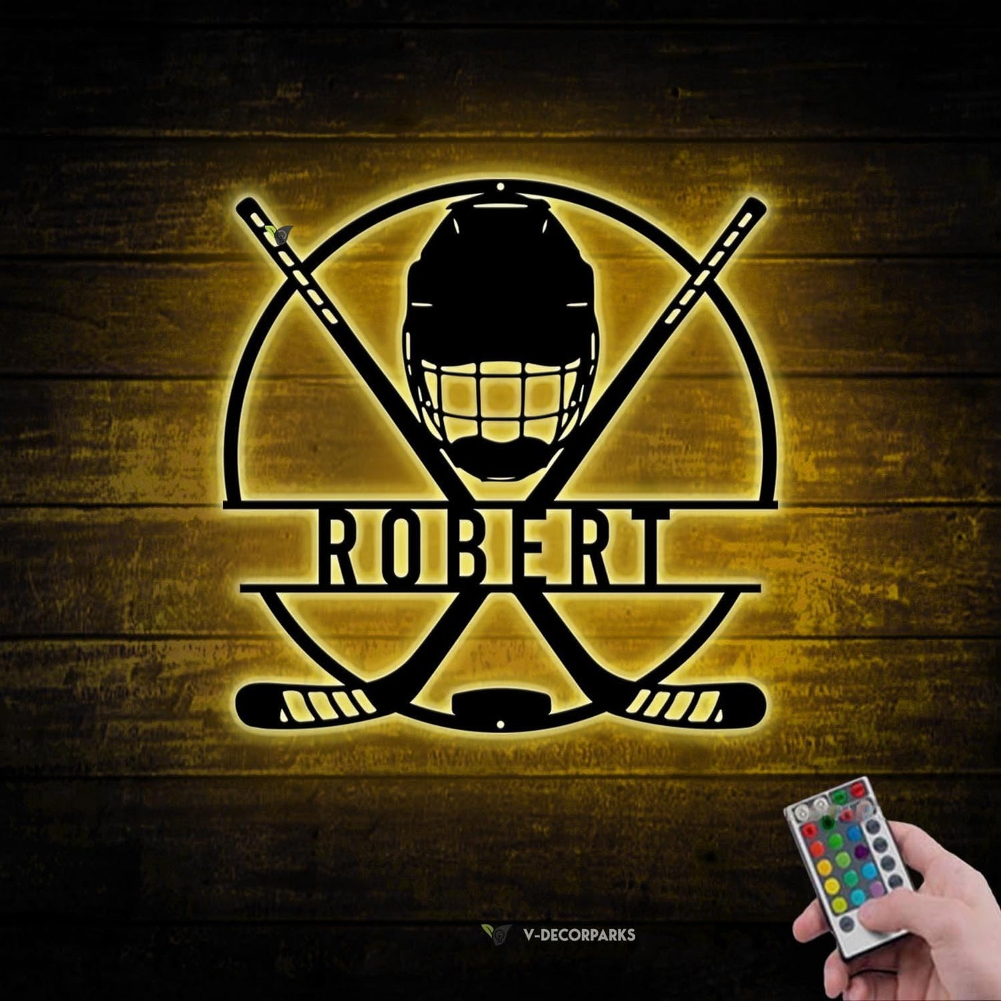 Hockey LED Metal Wall Art – Sports Custom Name Sign Light Up with Helmet and Sticks, Ice Hockey Room Decor for Players, Fans, Coaches