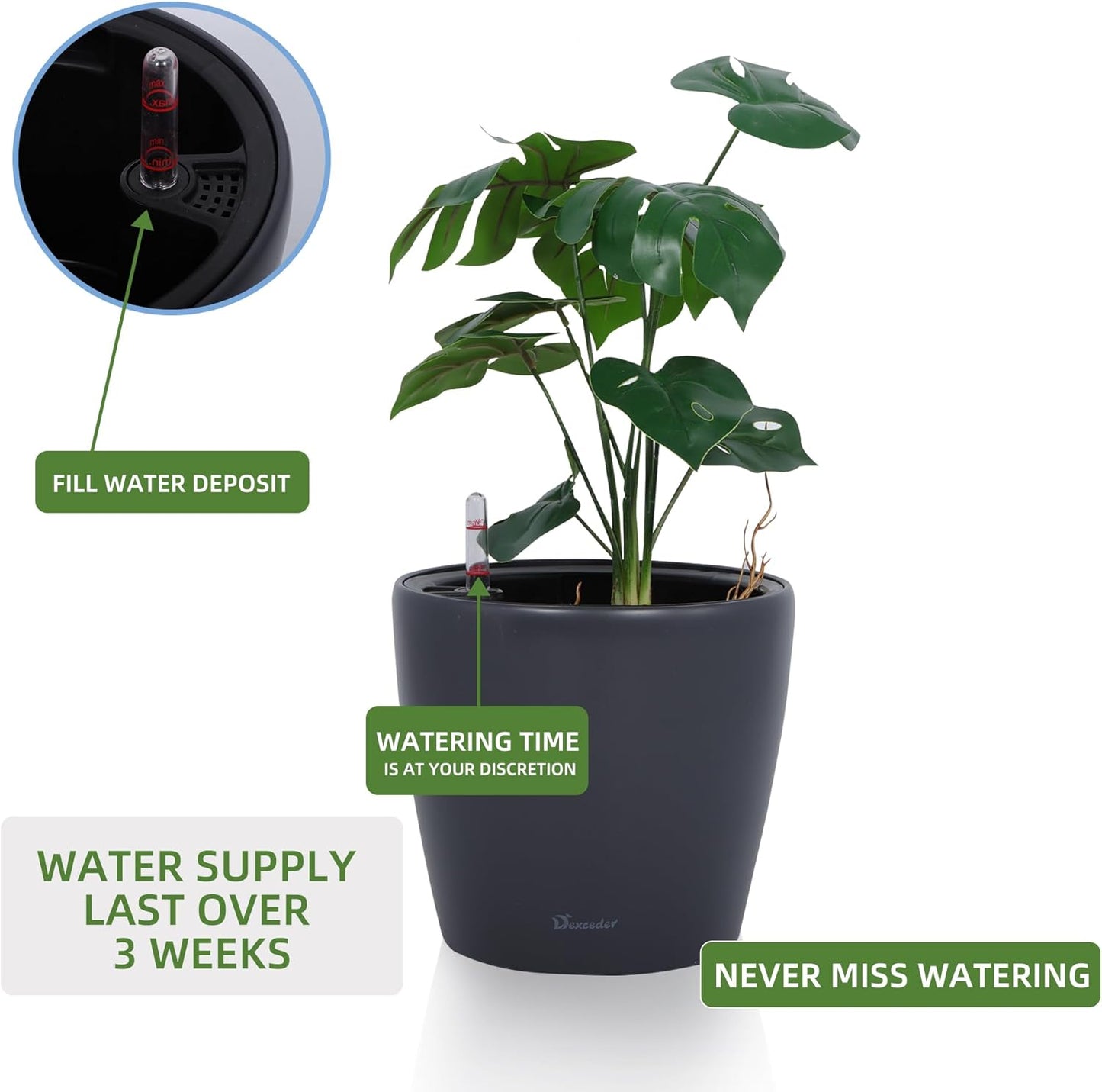Dexceder 9x8 Inches Self Watering Planter Indoor Outdoor, Inner Pot Design, Thickened Table Flower Plant Pot with Water Level Indicator (Slate Gray Matte)