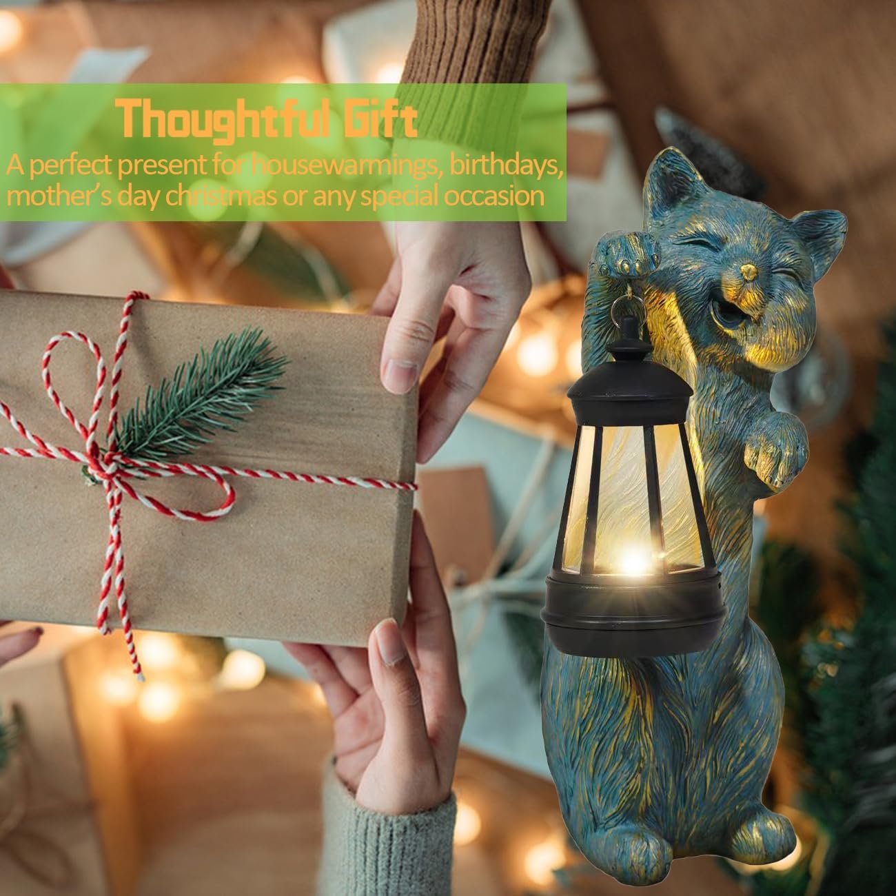 Garden Statues Cat with Solar Lantern Outdoor Bunny Figurines Decorations for Patio Yard Lawn Ornaments Gifts for Birthday Easter Housewarming Mother's Day