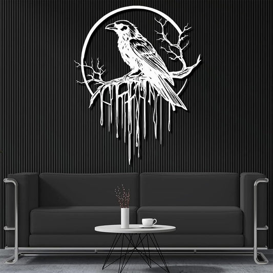 Crow Metal Wall Decor, Raven Wall Art, Large Gothic Raven Decor Hangings, Bird Wall Decor, Metal Tree Branch Decor, Ravens Sign, Raven Art for Living Room (White, 39"x31" | 100x80cm, metal wall art)