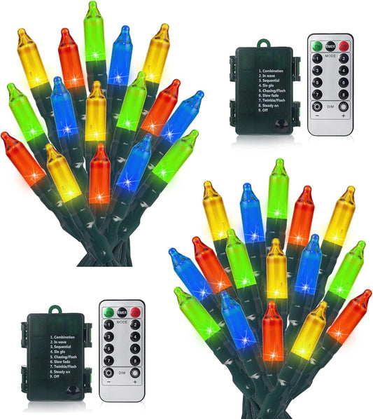 2Pack 50 LED Battery Operated Christmas Lights 17.7 FT, Multicolor Waterproof Mini String Lights with 8 Lighting Modes,Timer, Remote Control, for Tree, Christmas Decoration, Outdoor, Indoor