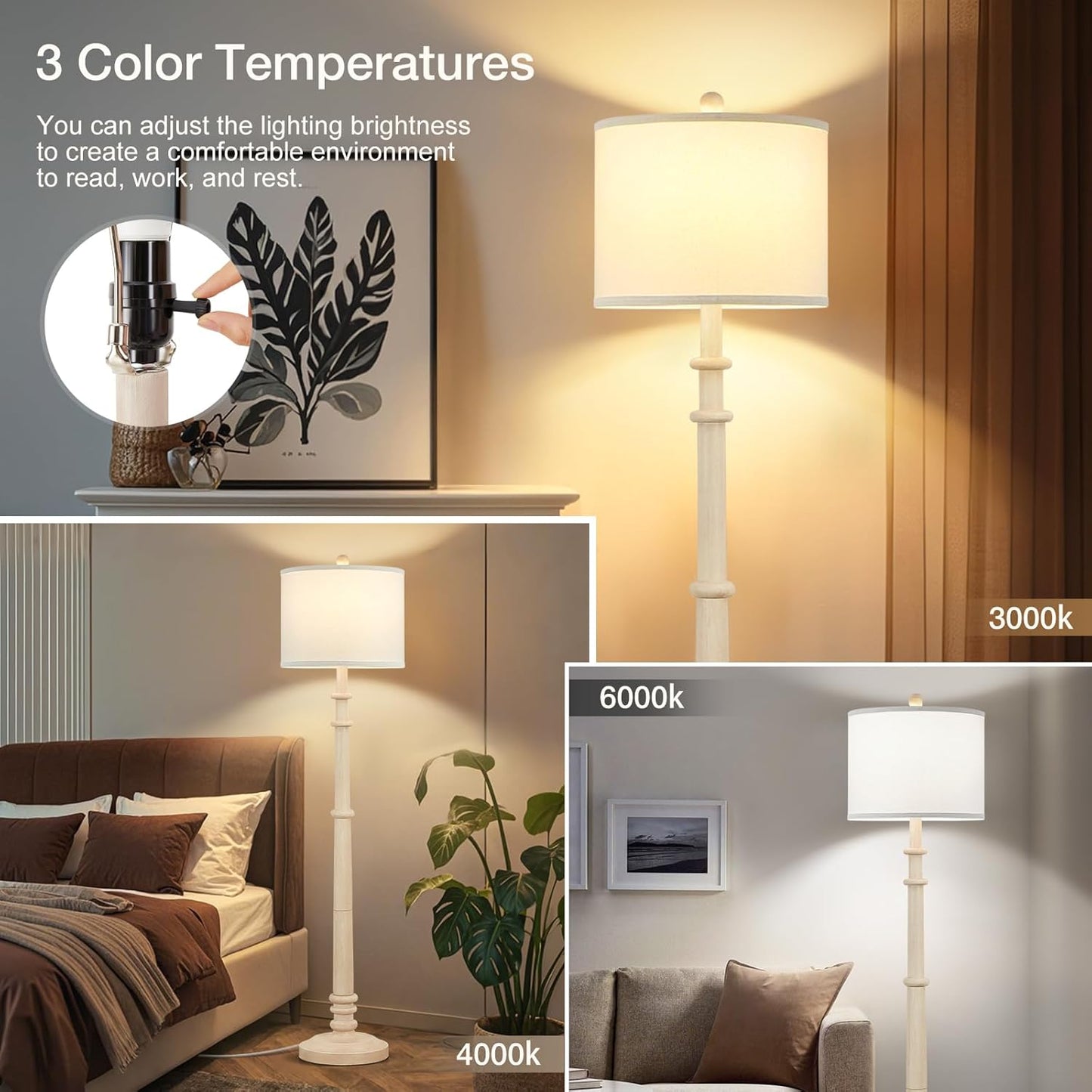 Floor Lamps for Living Room - 60" Resin Farmhouse Floor Lamp with 3 Color Temperatures - Vintage Standing Lamp Reading Light with Linen Shade Rustic Tall Lamp for Bedroom Office, Oatmeal Wash