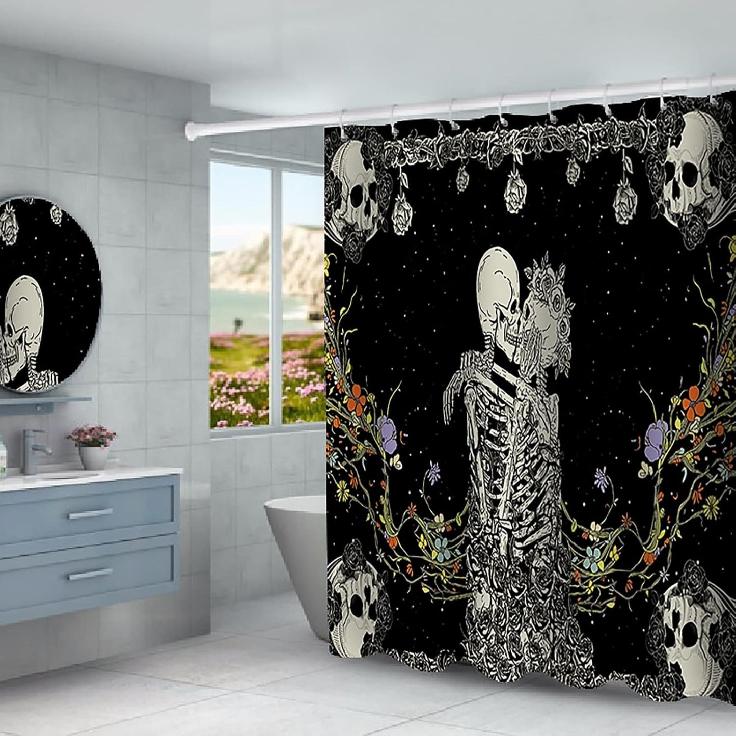 NEWSUYAA Halloween Decorations Shower Curtain Set with Non-Slip Rugs and Bath Mats, 4 Pcs Skull Black and White Skeleton Couple with Floral Bath Decor Toilet Cover Hooks Bathroom Accessory