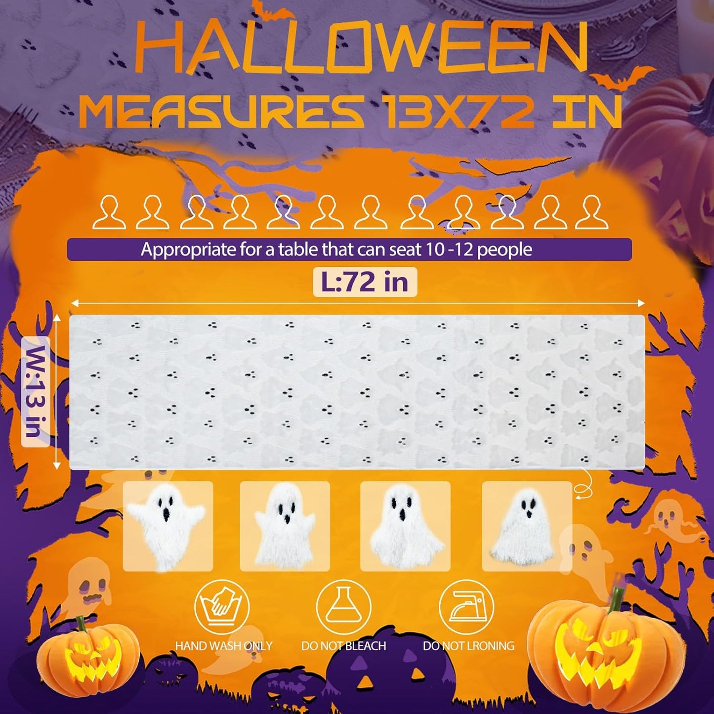 Halloween Table Runner Ghost Soft Plush Faux Fur Halloween Table Runner Hallowee Home Decor, Holiday Kitchen Dining Table Decoration for Home Party Decor 13x72 Inch