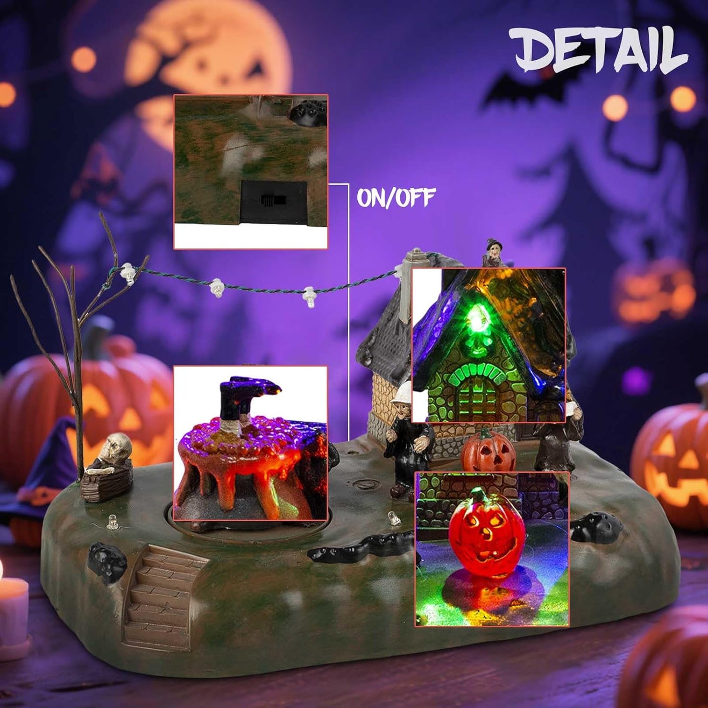 Halloween Village Witch Cauldron Bubble Figurine with Lit House Spooky Town Indoor Decoration Accessories for Holiday Display, Battery Operated