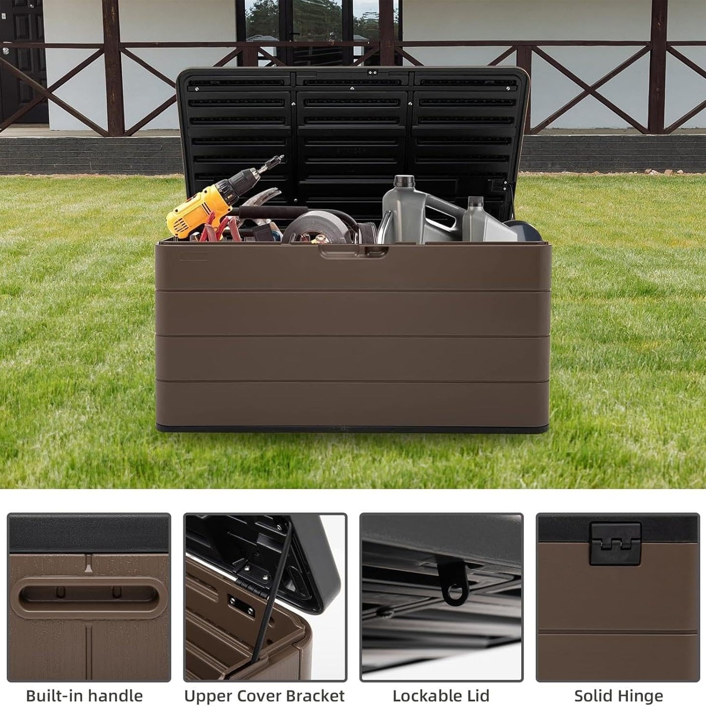 100 Gallon Plus Resin Deck Box, Waterproof Outdoor Storage Bin for Patio Furniture, Pool Accessories, and Garden Tools, Lockable & UV-Resistant, Brown