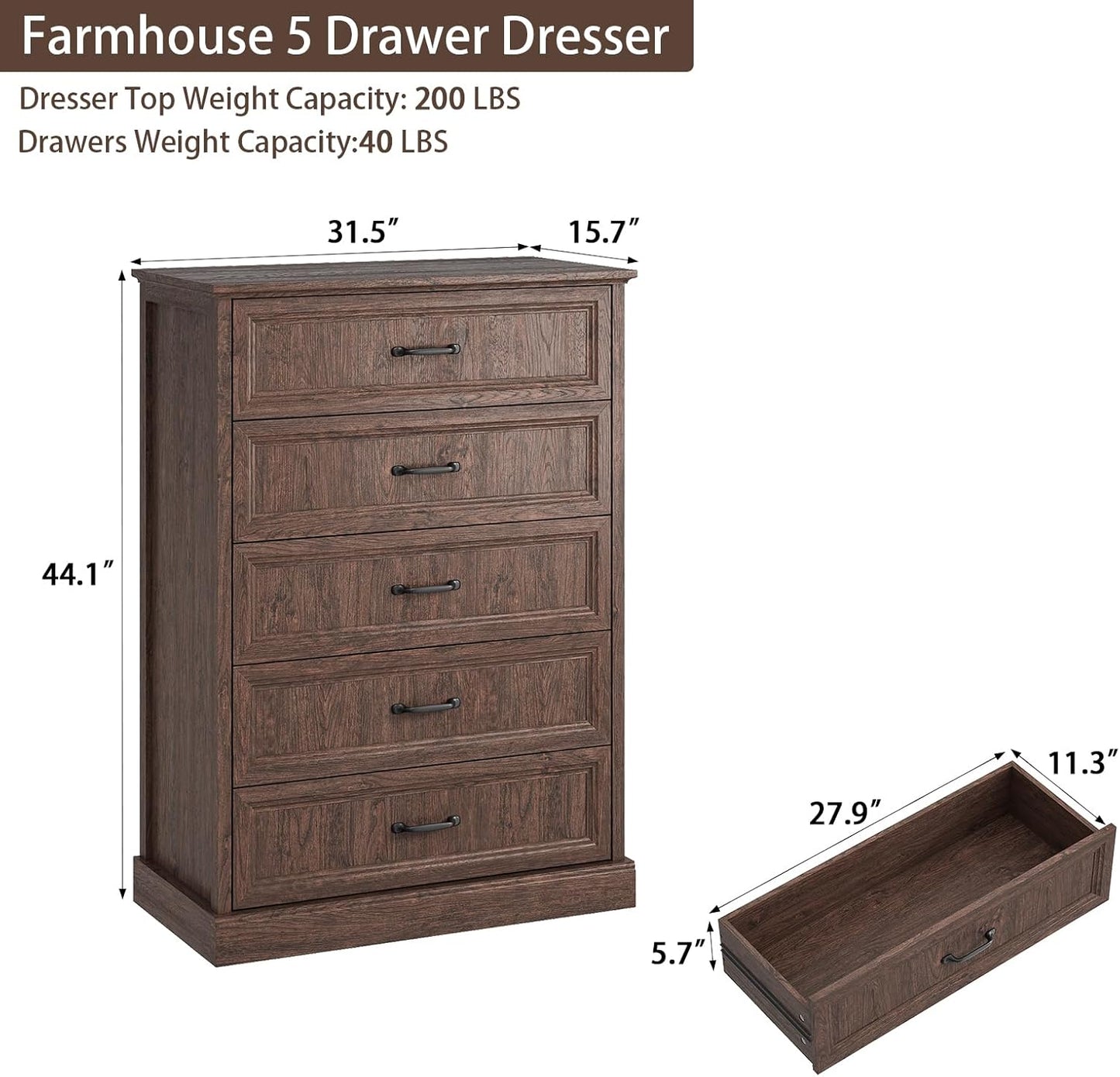 Farmhouse 5 Drawers Dresser for Bedroom, 44" Tall Brown dresser Wood Rustic Chest of Drawers with Wide Metal Handle,Natural Texture,Drawer Organizer for Bedroom,Living Room,Hallway and Entryway