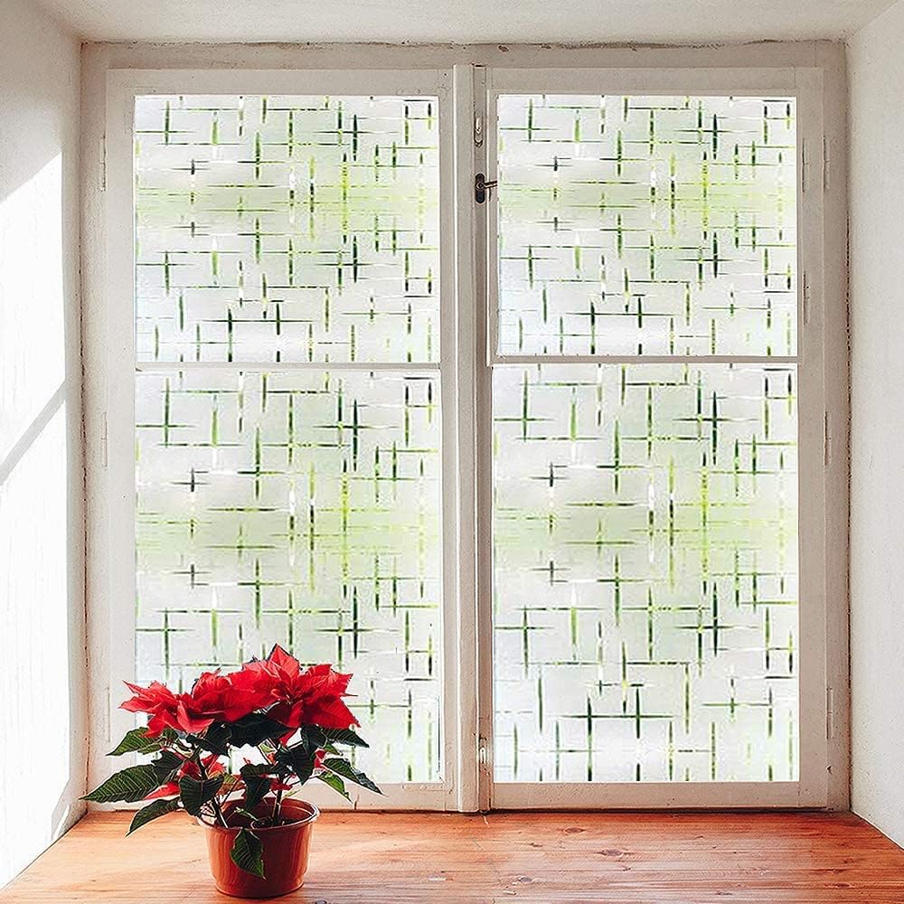 Finnez Frosted Window Film Non-Adhesive, Frosting Privacy Film for Glass Windows, Self Static-Cling Decorative Window Cling for Home Office UV Protection Cross Pattern 17.5 x 78.7 inches