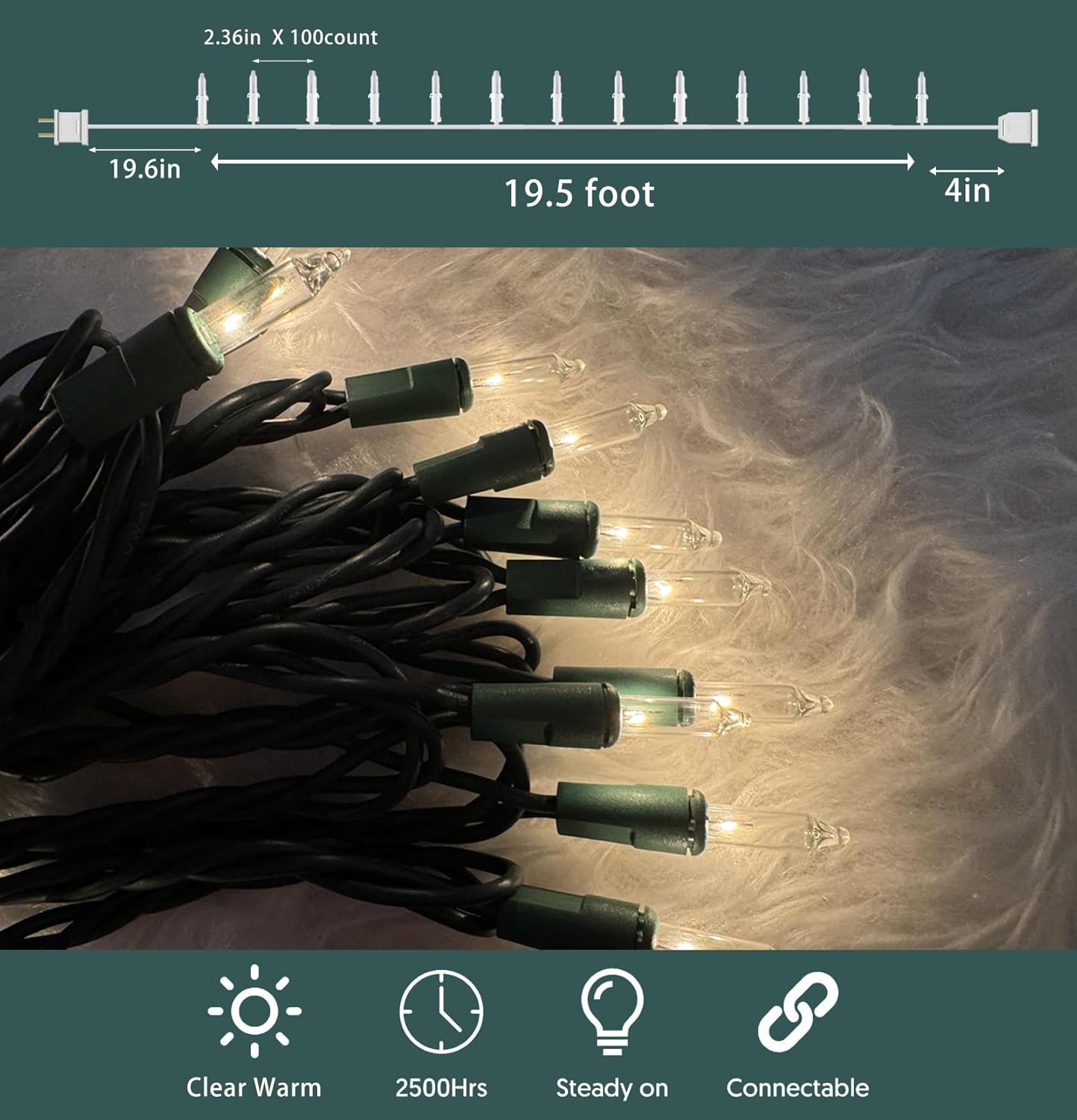 HISHINY Christmas Lights 100 Count Clear Christmas Tree Lights String with Green Wire for Outdoor Indoor Christmas Decorations Wedding Decorations Valentines Day Decor,UL Certified (21feet)