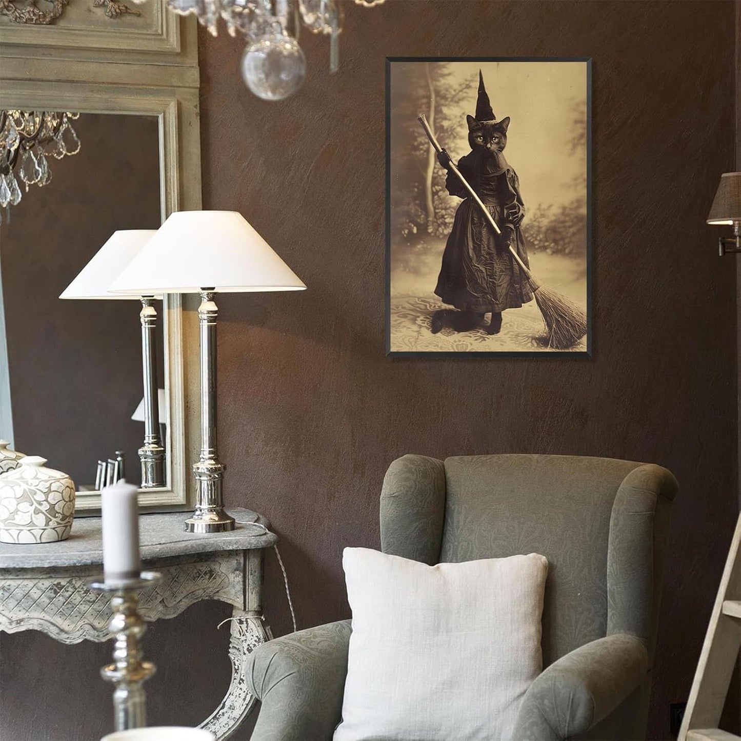 Halloween Decor Posters Black Cat Witch Canvas Wall Art Vintage Spooky Print Of Gothic Room Family Dark Academia Decorations Creepy Picture Poster Aesthetic 12X16inch Aluminum Framed