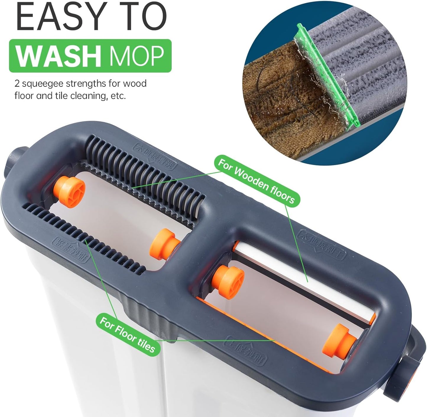 Mop and Bucket Set with Wringer for Home, 360° Flat Squeeze Mop with Long Handle and 6 Microfiber Cloths for Floor Cleaning (White+Blue, Slim Bucket and 15.7'' Aluminum Alloy Mop Head)