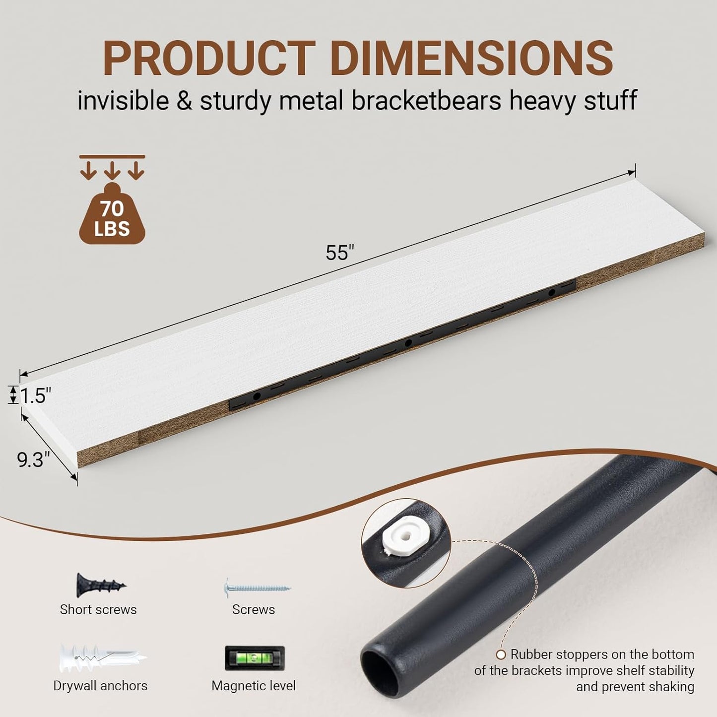 Heimlove 55 Inch Long Floating Shelves for Wall,9.3" Deep White Floating Shelves Set of 2,Large Display Shelf & Storage Shelf,Wall Mounted Shelves for Bedroom Living Room Kitchen Office