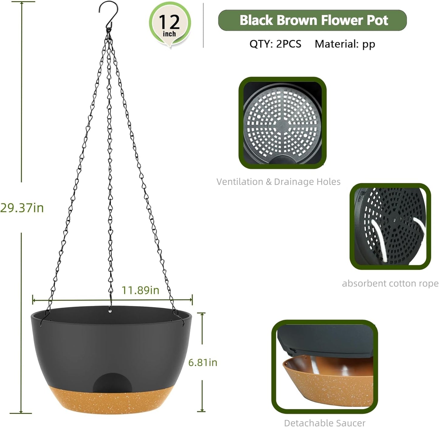12 Inch Hanging Baskets 2 PC with Chains, Self-Watering Hanging Planters for Indoor Outdoor Plants, Plastic Hanging Flower Pots,Black Brown