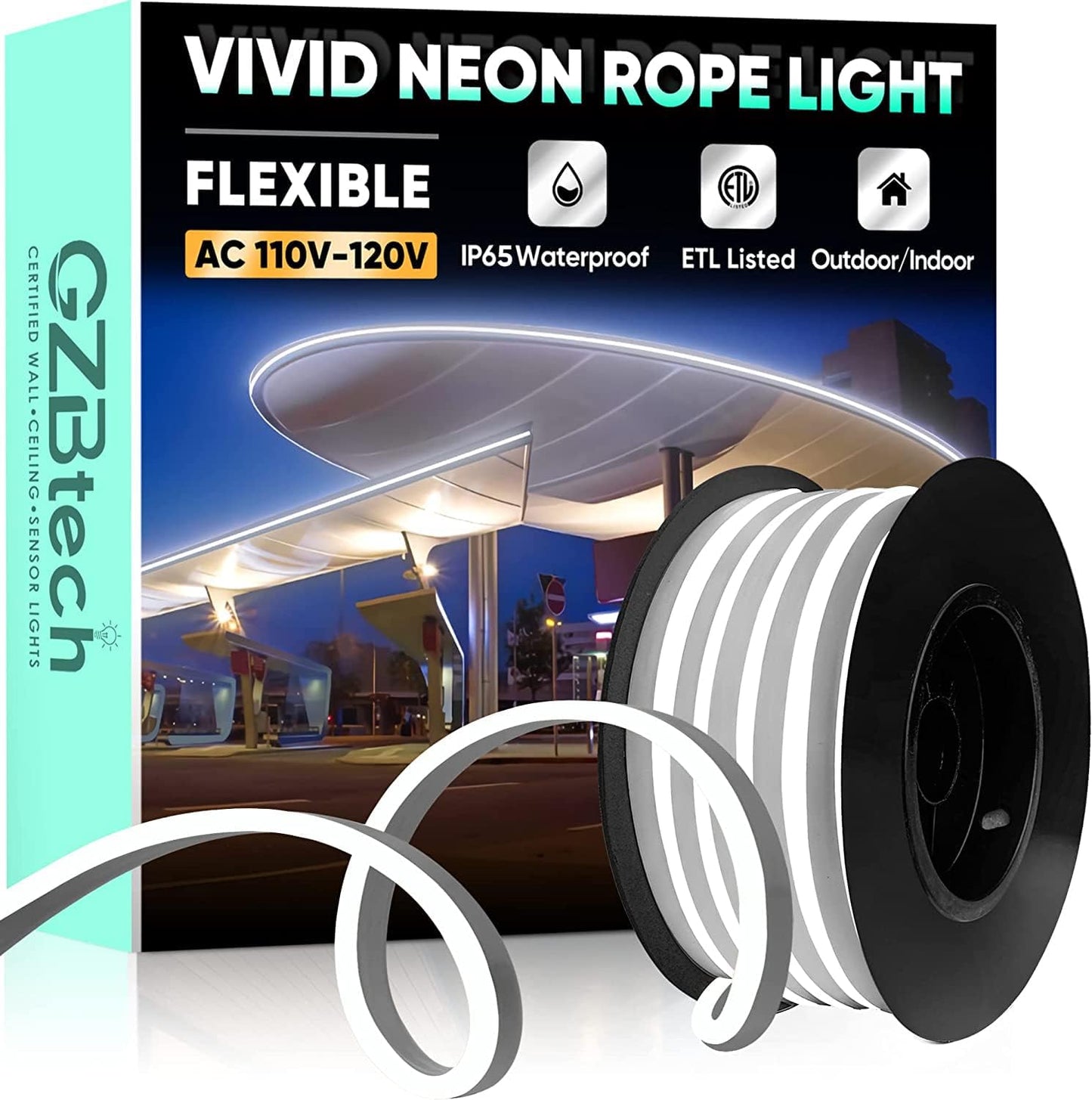 GZBtech Flexible LED Neon Rope Lights 16.4FT,AC 110-120V Waterproof Strip Light, 120 LEDs/M Cuttable Connectable Neon Lighting for Indoor Outdoor Home Decor/Commercial Building Use-Cold White 5M