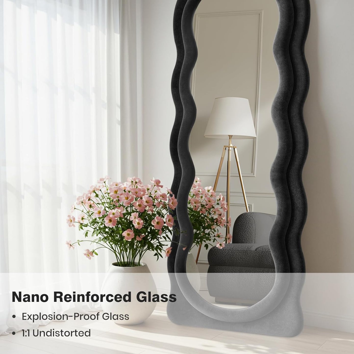 Full Length Mirror 63"x24" Arched Wavy Full Body Wall Mounted Floor Mirror with Stand Black Flannel Frame Leaning Hanging Wall Mirror for Bedroom Entrance