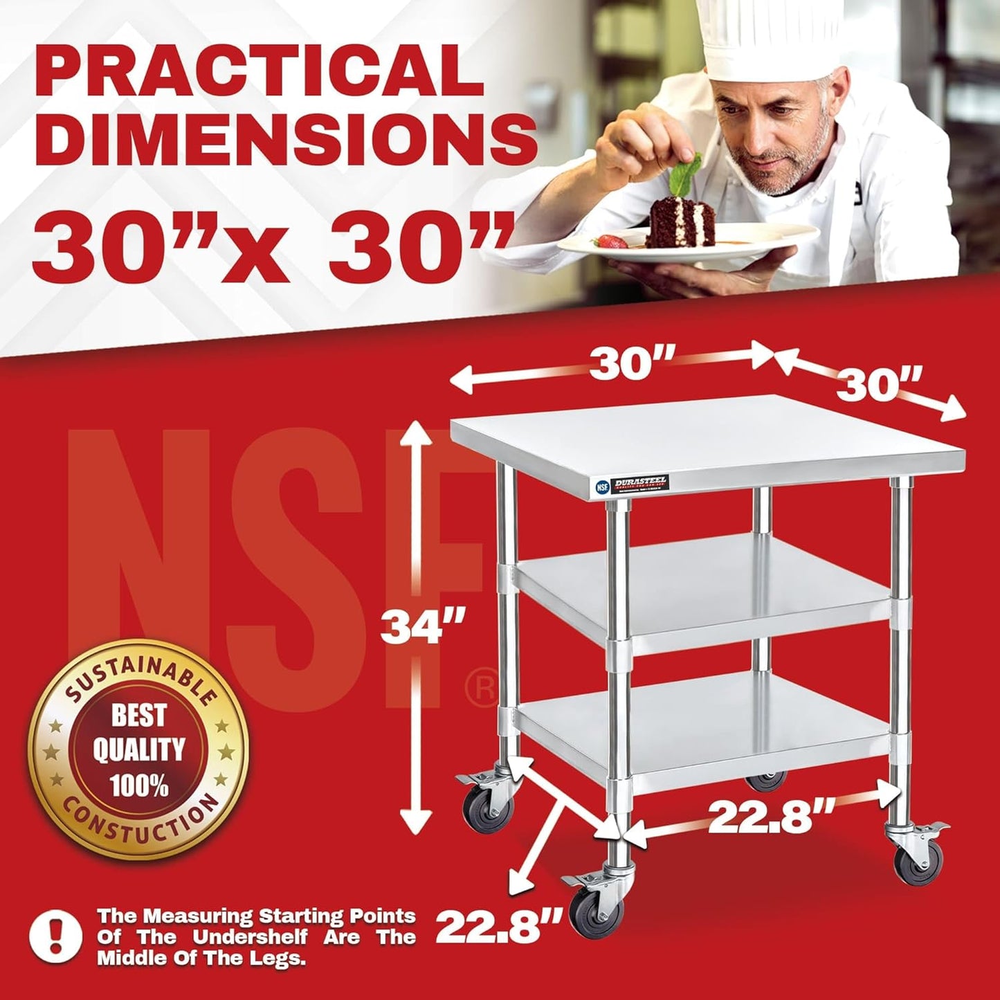 DuraSteel Stainless Steel Work Table 30" x 30" x 34" Height w/ 4 Caster Wheels - Food Prep Commercial Grade Worktable - NSF Certified - Good for Restaurant, Business, Warehouse, Home, Kitchen, Garage