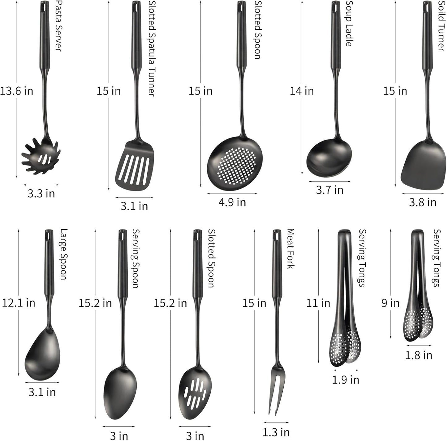 304 Stainlss Steel Matte Kitchen Utensils Set, 11 Pcs Long Metal Cooking Utensil Gadgets Tools Set with Spatula, Ladle, Spoon, Ladle, Skimmer, Tunner, Pasta Server, Tongs(Black, Dishwasher Safe)