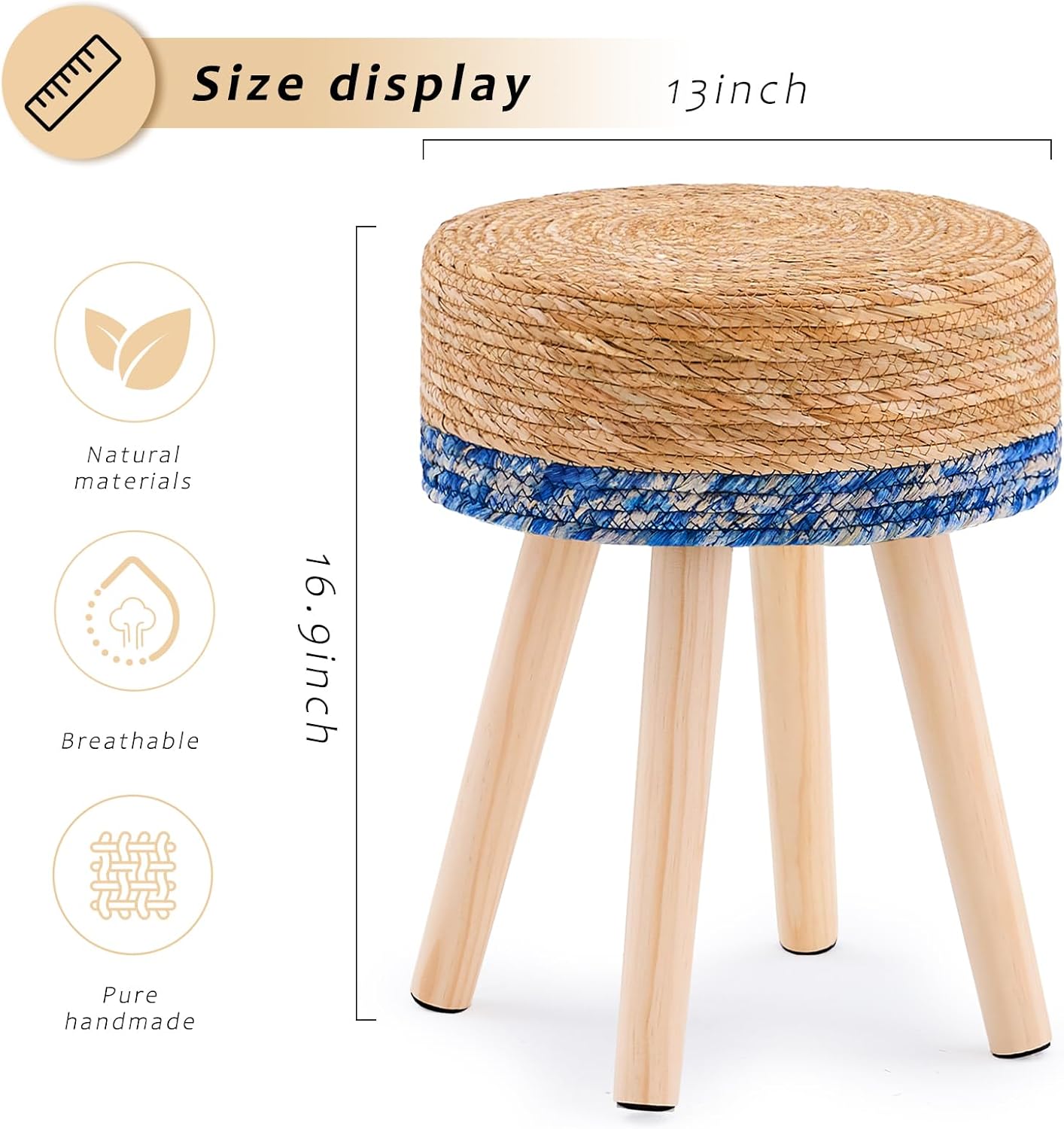 Handwoven Outdoor Ottoman, Water Hyacinth Pouf Round Patio Footstool with Wood Legs, 17-Inch Multipurpose Vanity Stool, Dining Chair, Patio Footrest for Balcony and Garden, Blue