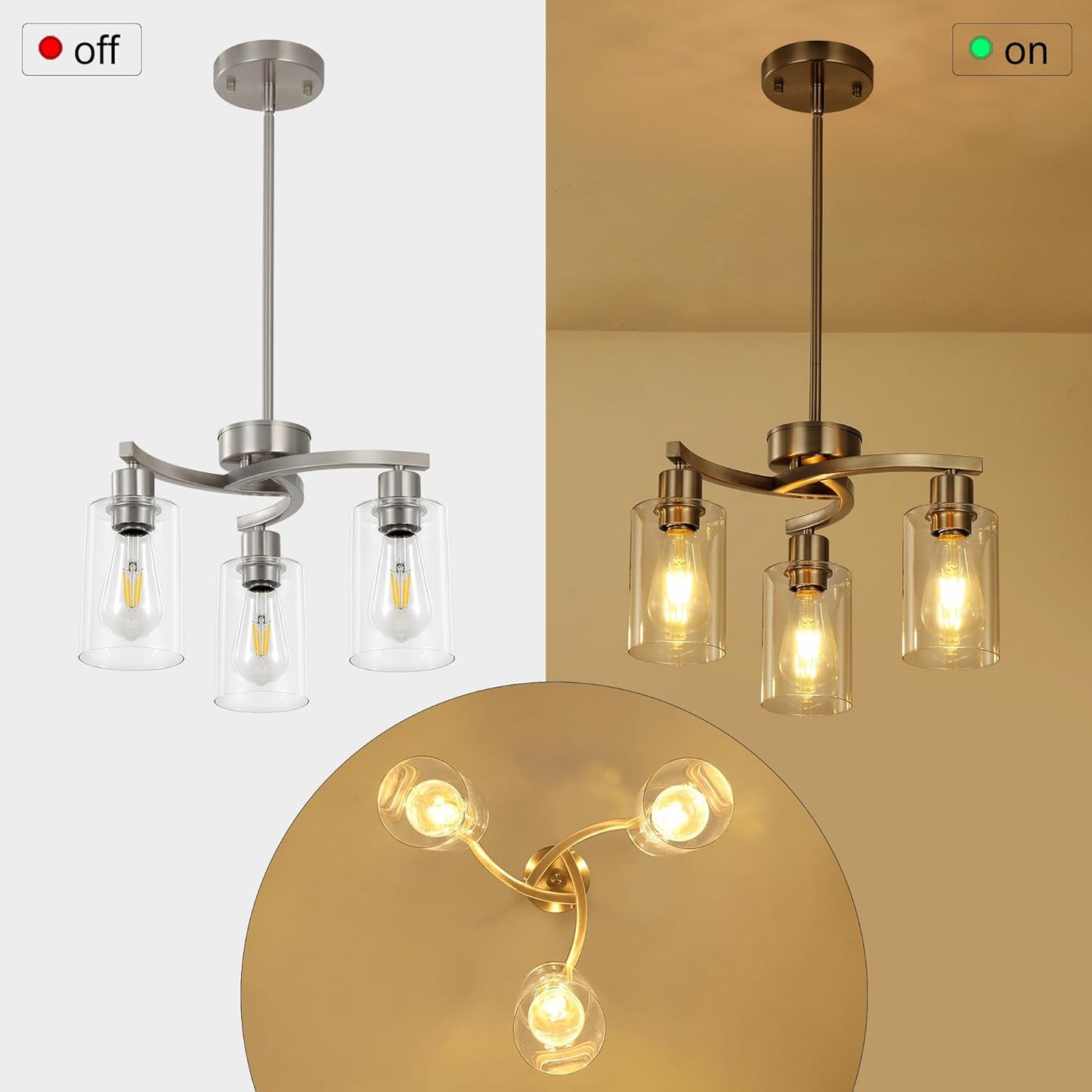 3-Light Brushed Nickel Dining Room Light Fixture,Modern Kitchen Chandeliers Over Table，Adjustable Height Industrial Hanging Pendant Lights for Kitchen Island with Glass Shade