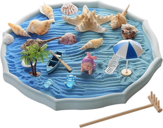 Desktop Zen Garden Kit - Ocean Themed Decor Sand, Natural Shells Starfish Conch, Mermaid Resin Summer Beach Desktop Decorations, Office Desktop Decoration Gift (Blue)